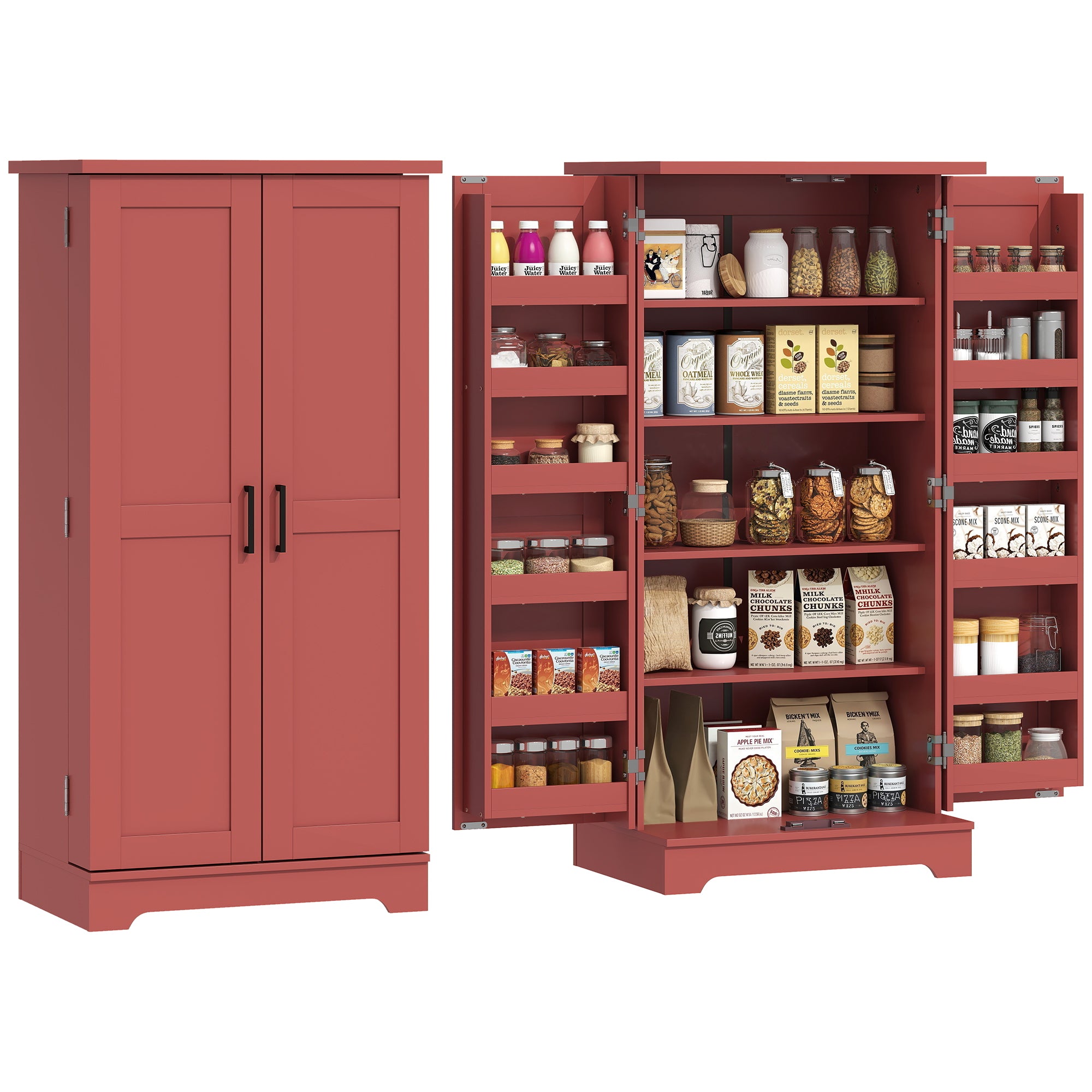 Buffet cuisine, armoire de cuisine, vaisselier, 5 niveaux, avec portes et étagères réglables, 60 x 40 x 120 cm, grain de bois, rouge