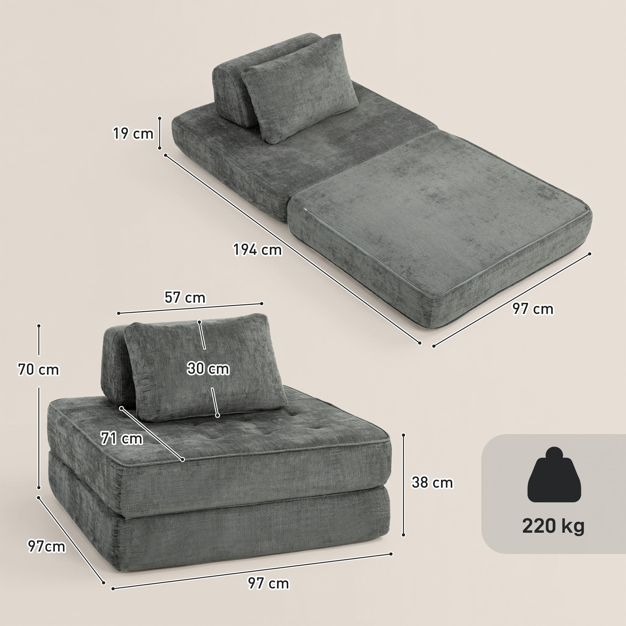 Canapé-Lit Pliant 2 en 1 Chauffeuse 1 Place Convertible en Chenille Matelas Pliable Coussin Épais Dossier et Oreiller Entièrement Compressé Aucun Assemblage Requis pour Salon Chambre Gris