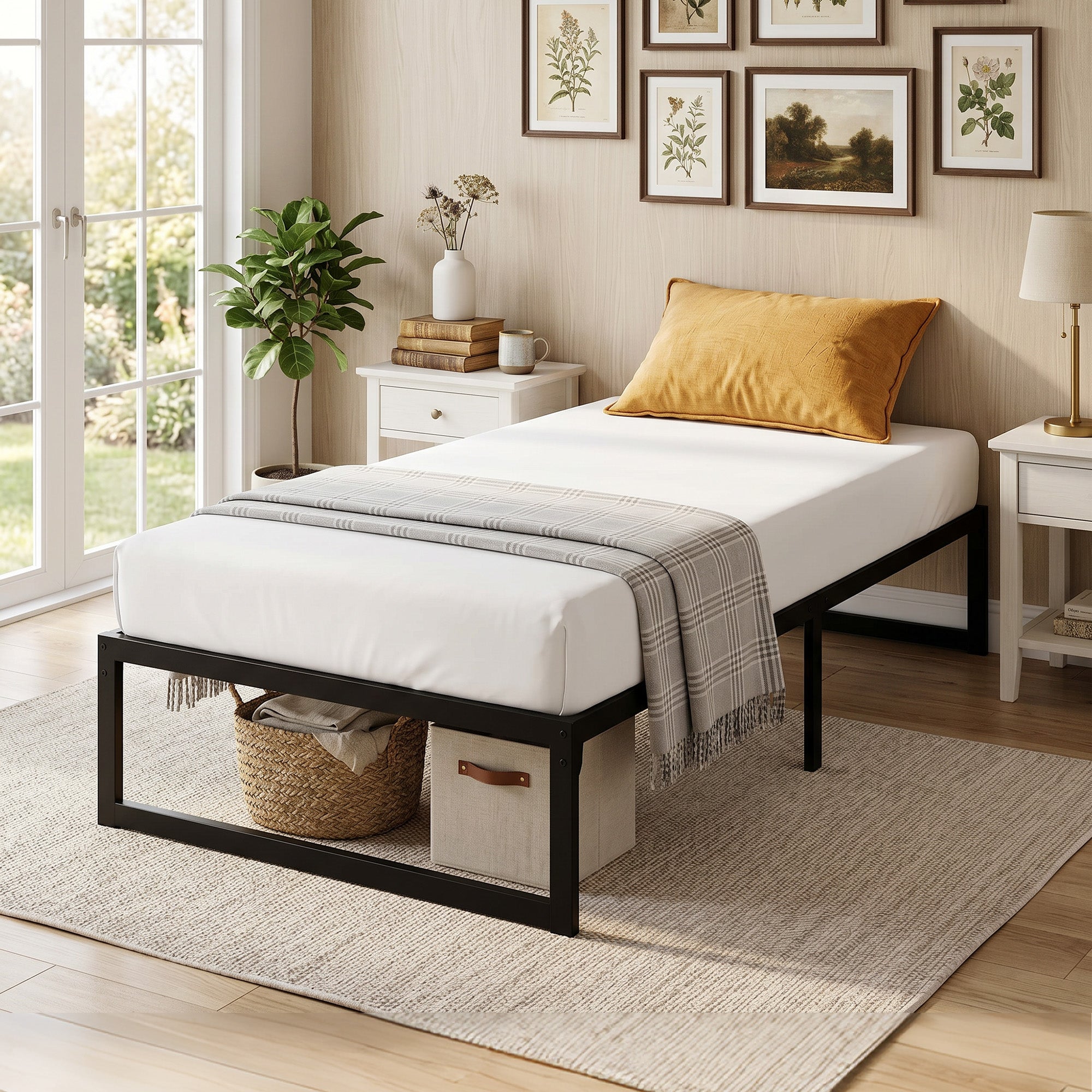 Cadre de lit 90 x 200 cm avec sommier, lit simple avec support à lattes en métal, rangement au-dessous de 32,5H cm, sans bruit, montage facile, noir