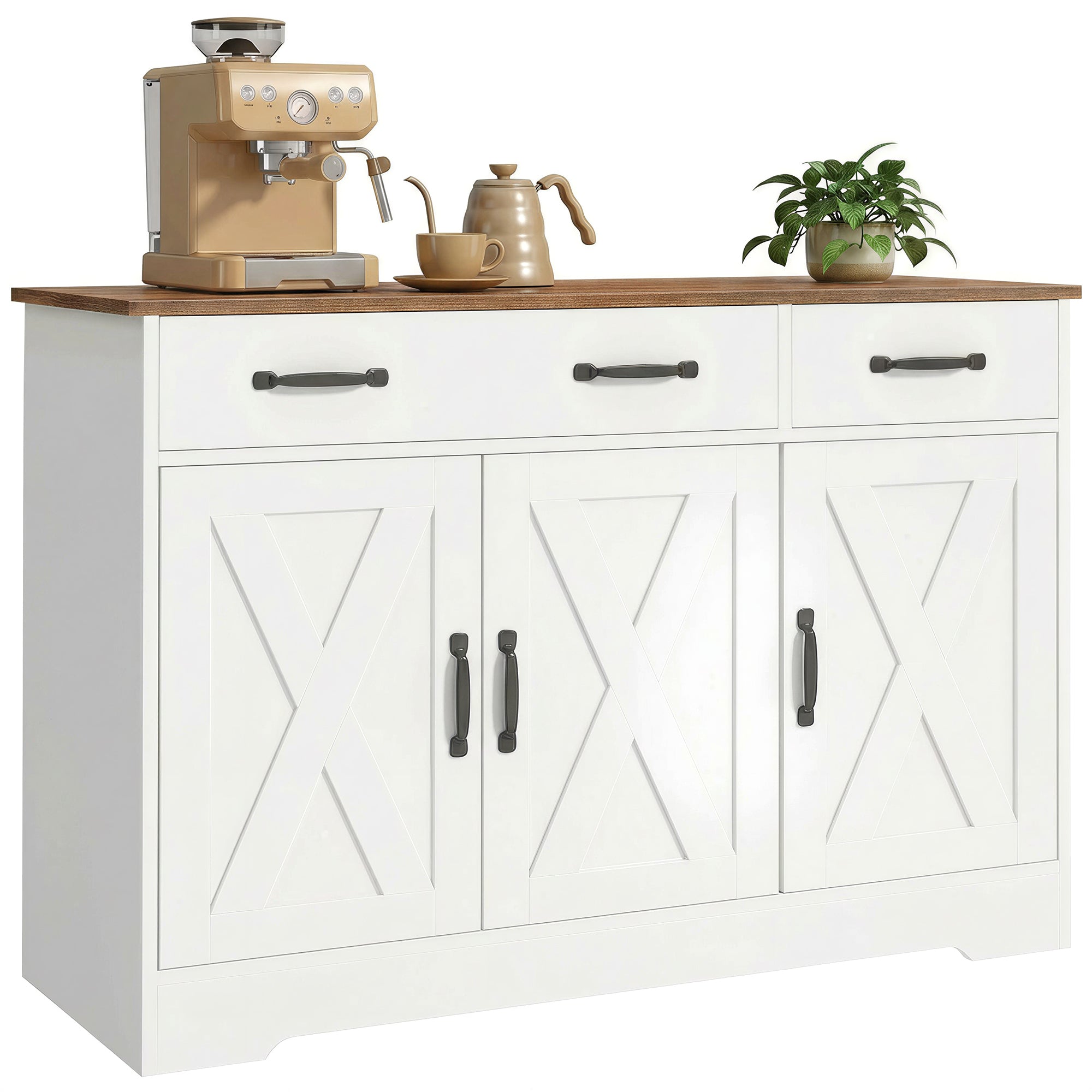 Buffet Cuisine, Meuble de Rangement avec 3 Portes de Grange, 2 Tiroirs et Étagères Réglables, Meuble TV pour Téléviseurs Jusqu'à 50 Pouces, pour Salon et Chambre, 108 x 40 x 81 cm, Blanc