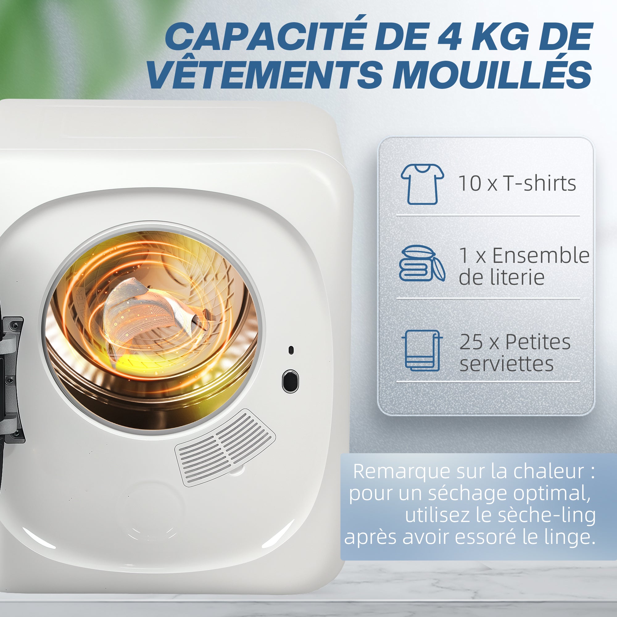 Sèche linge à évacuation compact sèche-linge électrique 800 W 4 Kg avec 5 modes de séchage, cuve en acier inoxydable, charge frontale, pour appartement, maison, camping-cars, blanc