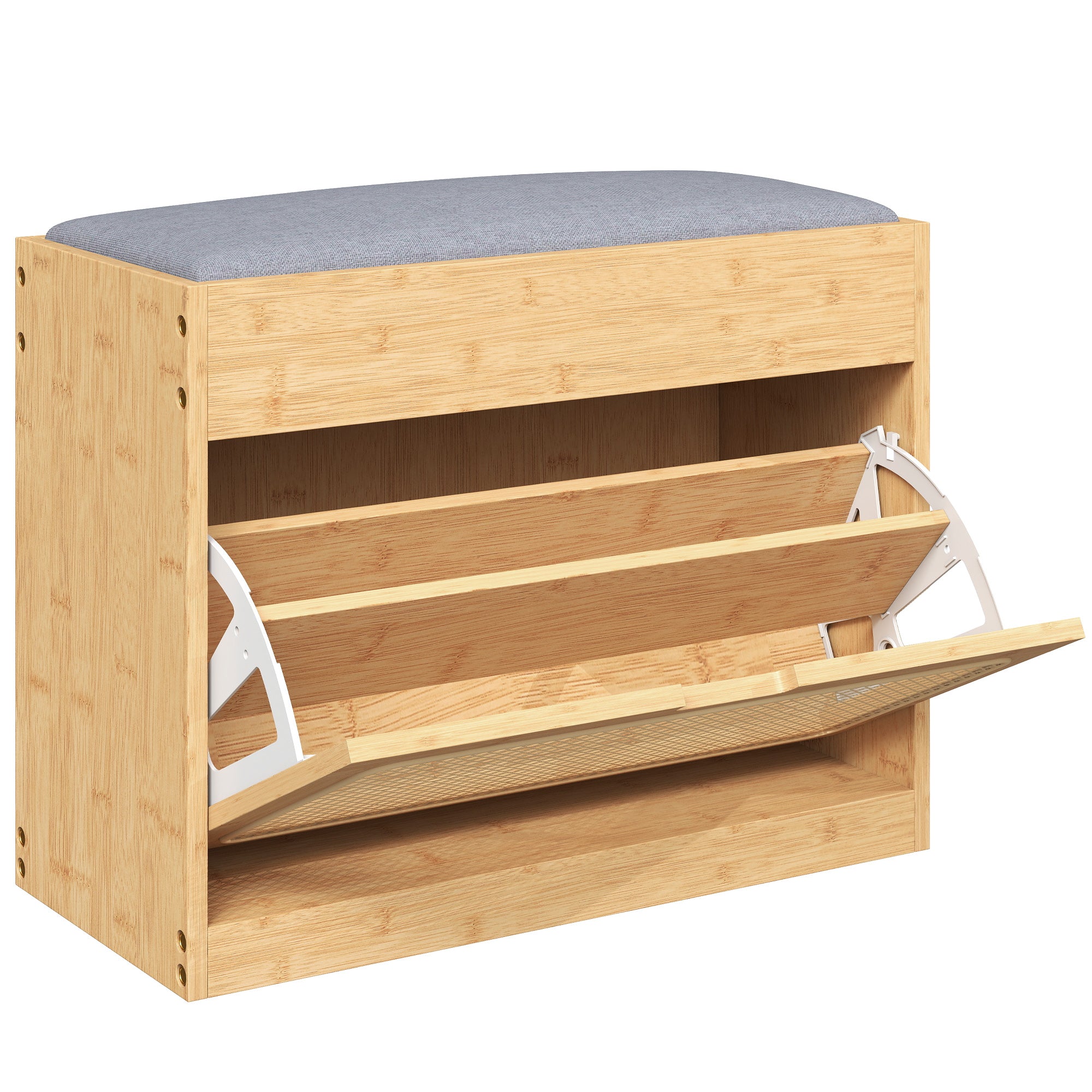 Banc chaussures entrée en bambou, banc de rangement, assise rembourrée, porte en rotin, tiroir rabattable et étagère réglable, style bohème, pour entrée, couloir, 63x29x48cm, bois naturel