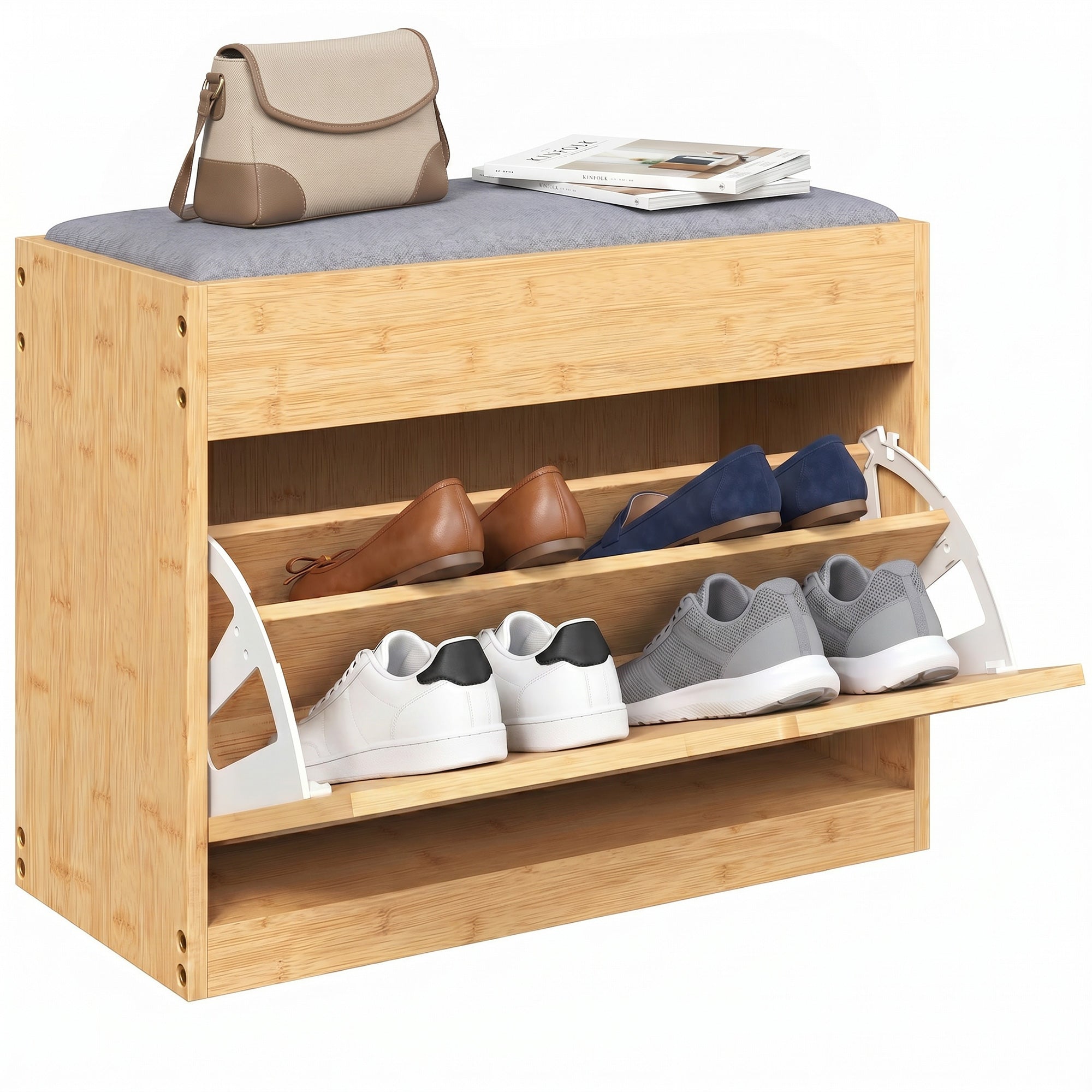 Banc chaussures entrée en bambou, banc de rangement, assise rembourrée, porte en rotin, tiroir rabattable et étagère réglable, style bohème, pour entrée, couloir, 63x29x48cm, bois naturel