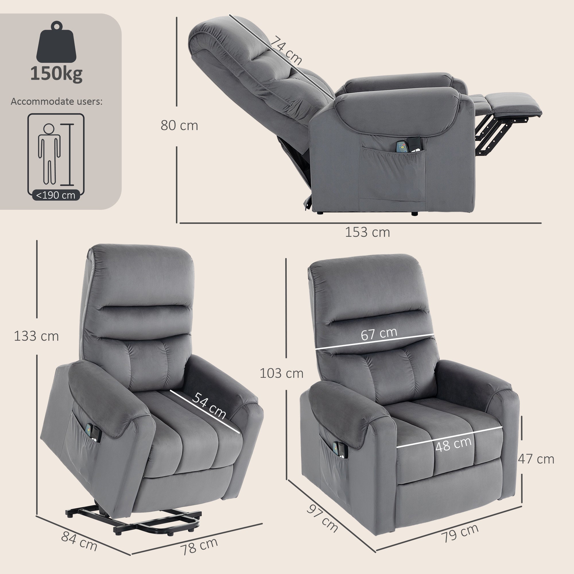 Fauteuil releveur électrique massage vibration et chaleur, fauteuil relax électrique en velours, dossier inclinable, coussin épais, repose-pieds, poches latérales, télécommande, gris foncé