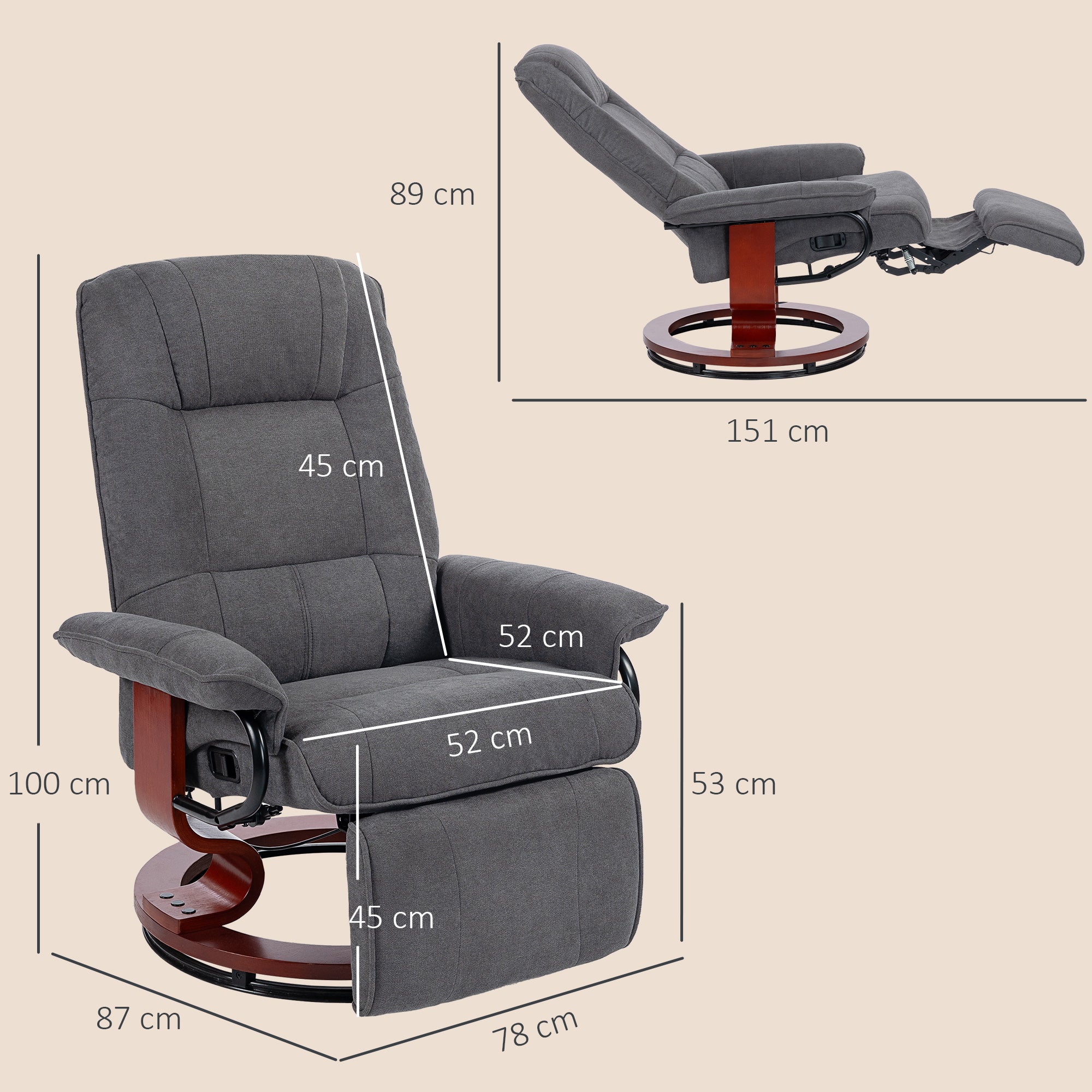 Fauteuil relax inclinable fauteuil de salon repose-pieds réglable pivotant 360° piètement bois tissu aspect lin gris