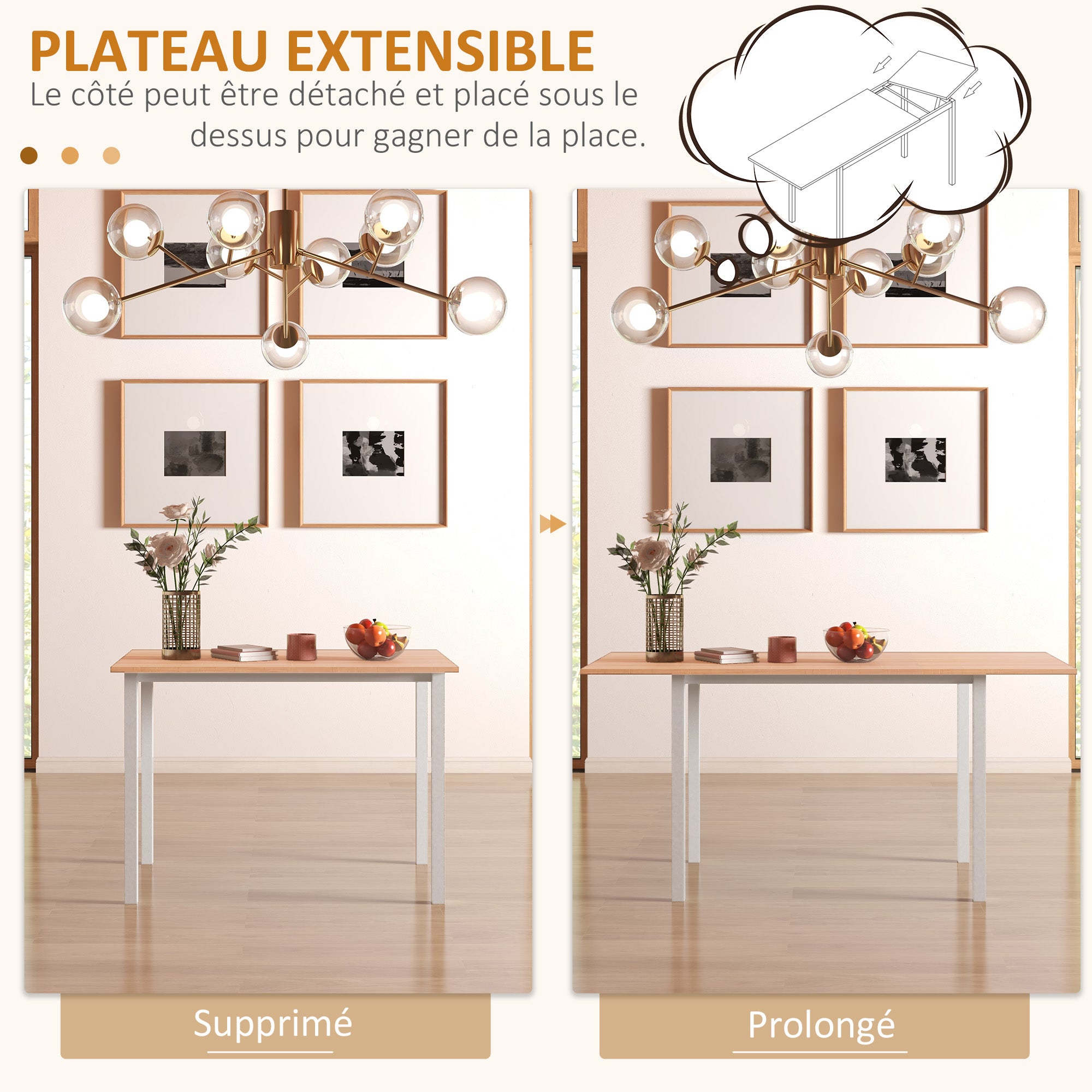 Table à manger extensible table de cuisine design moderne avec grand plateau 6 personnes cadre en acier marron