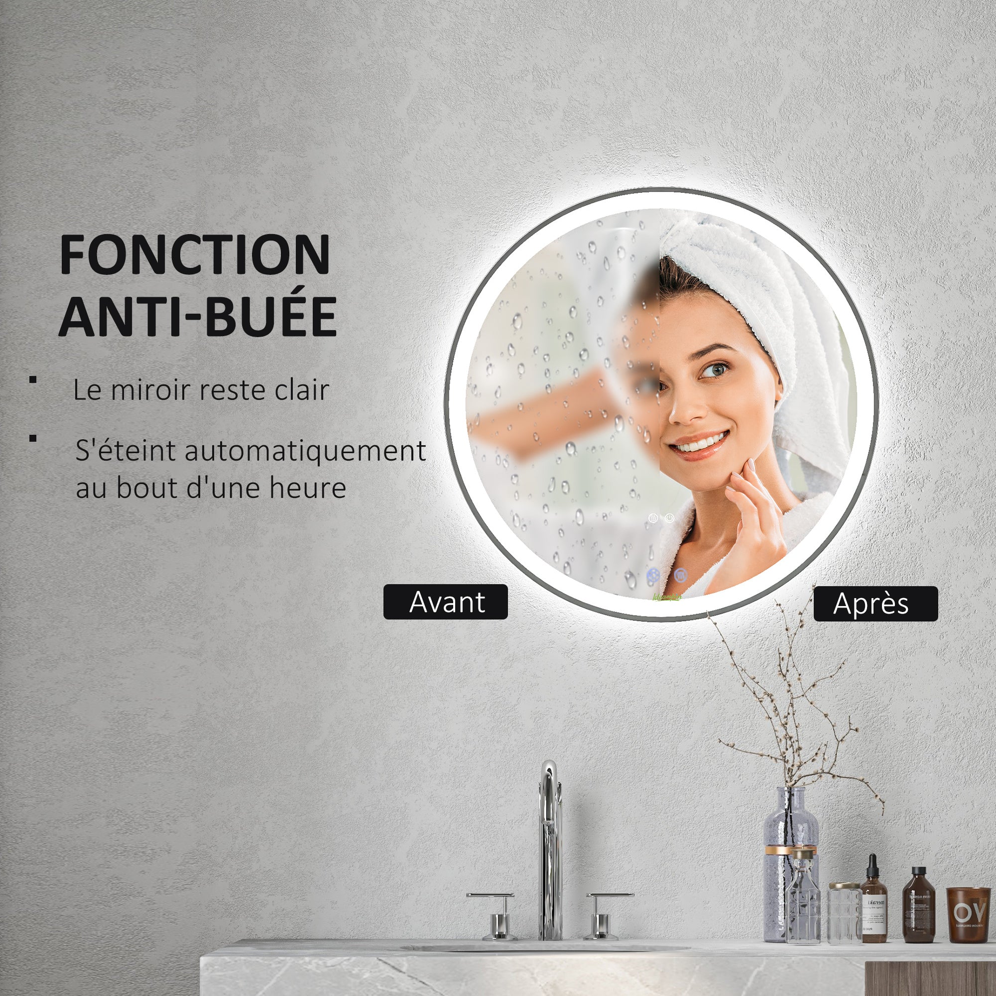 Miroir salle de bain avec éclairage Ø 70 cm miroir rond lumineux 3 couleurs interrupteur tactile système antibuée 23W blanc argent