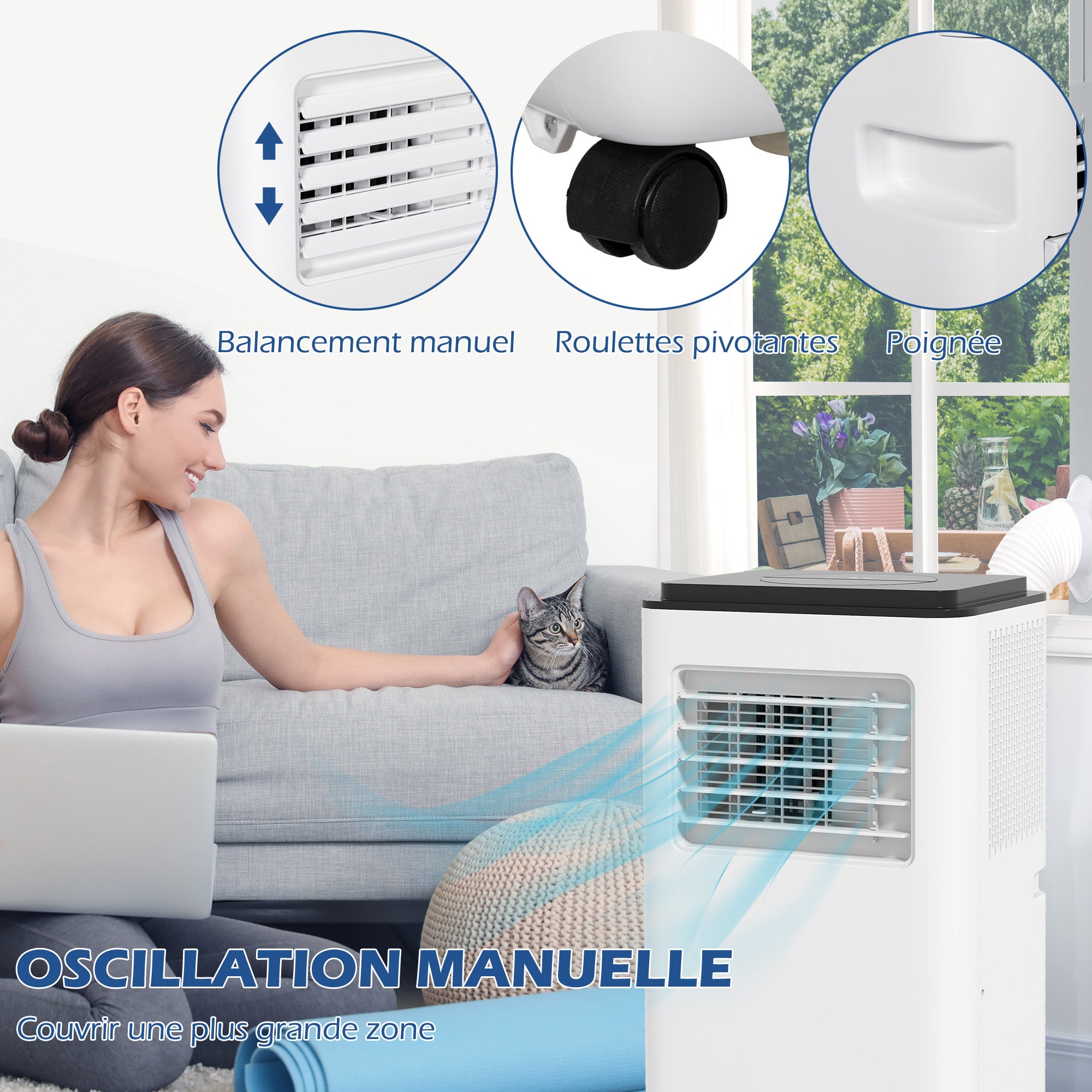 Climatiseur mobile 7000BTU 2kW, climatiseur portable 5 en 1 refroidissement, déshumidificateur, ventilateur, auto, mode nuit, télécommande, 2 vitesses, minuteur 24H, écran LED, 25m², classe A