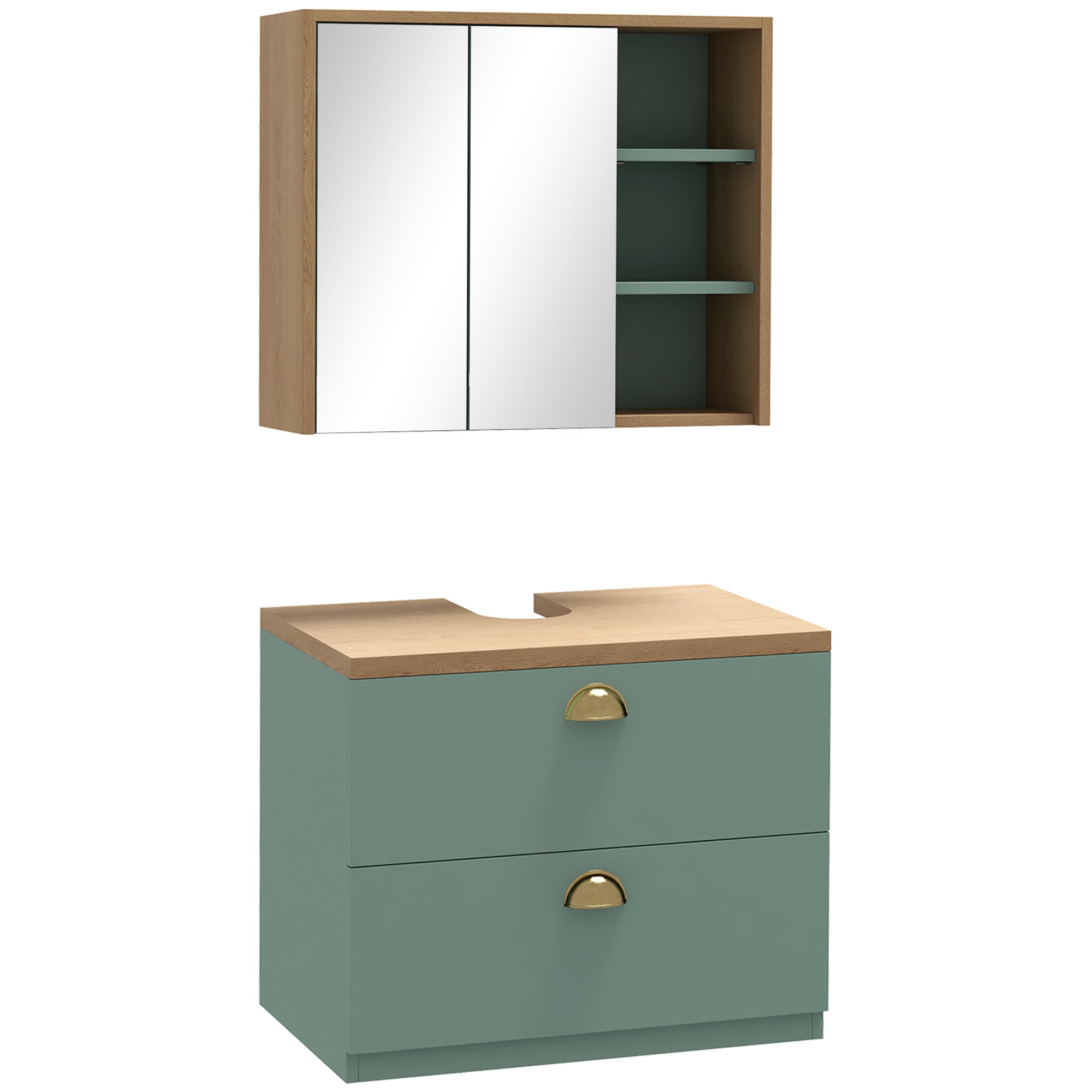 Ensemble de meubles de salle de bain armoire miroir salle de bain + meuble sous lavabo suspendu avec étagères réglables 2 tiroirs design scandinave vert