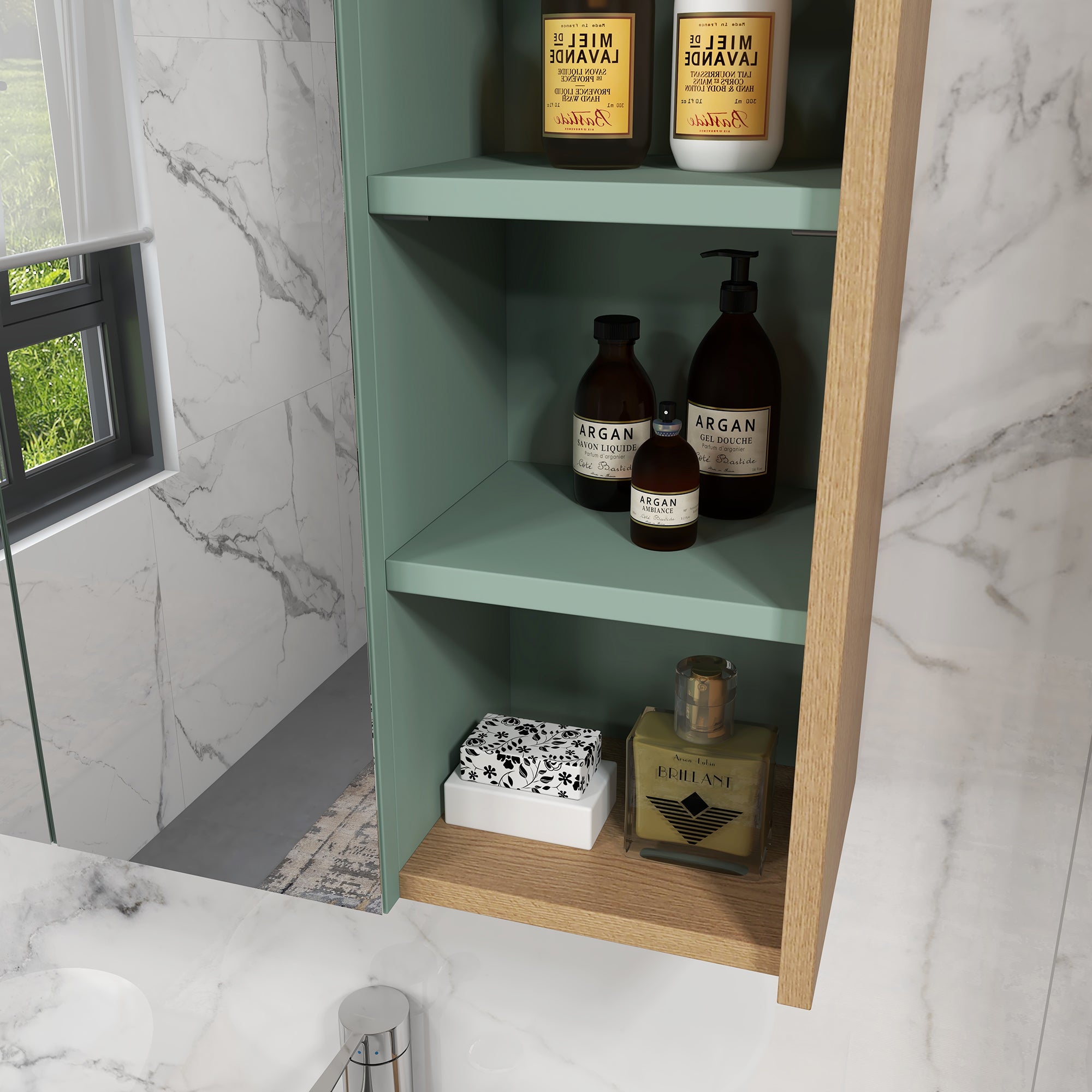 Ensemble de meubles de salle de bain armoire miroir salle de bain + meuble sous lavabo suspendu avec étagères réglables 2 tiroirs design scandinave vert