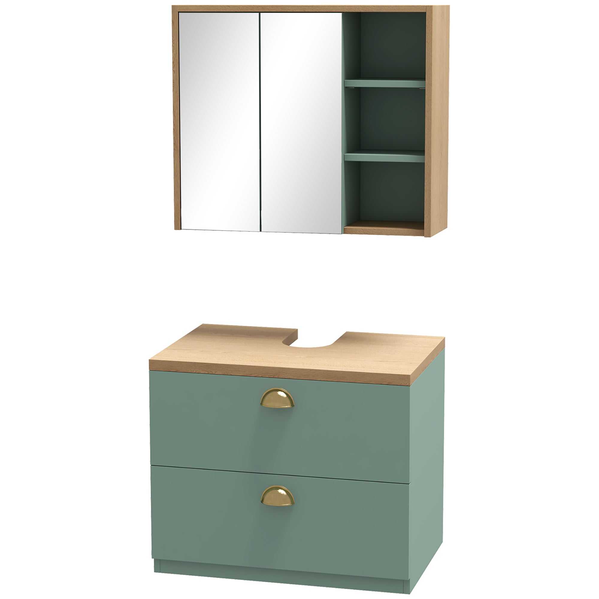 Ensemble de meubles de salle de bain armoire miroir salle de bain + meuble sous lavabo suspendu avec étagères réglables 2 tiroirs design scandinave vert