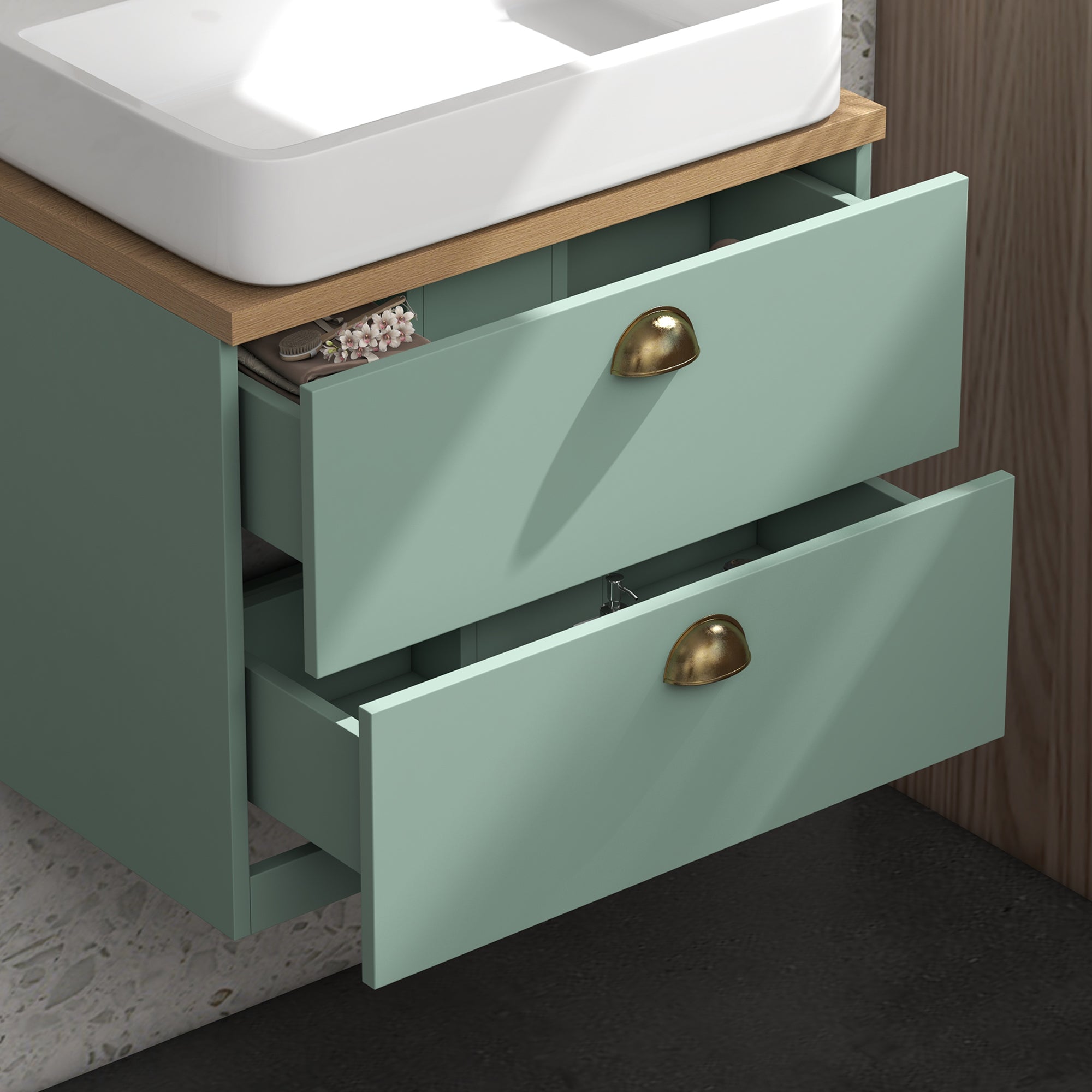 Ensemble de meubles de salle de bain armoire miroir salle de bain + meuble sous lavabo suspendu avec étagères réglables 2 tiroirs design scandinave vert