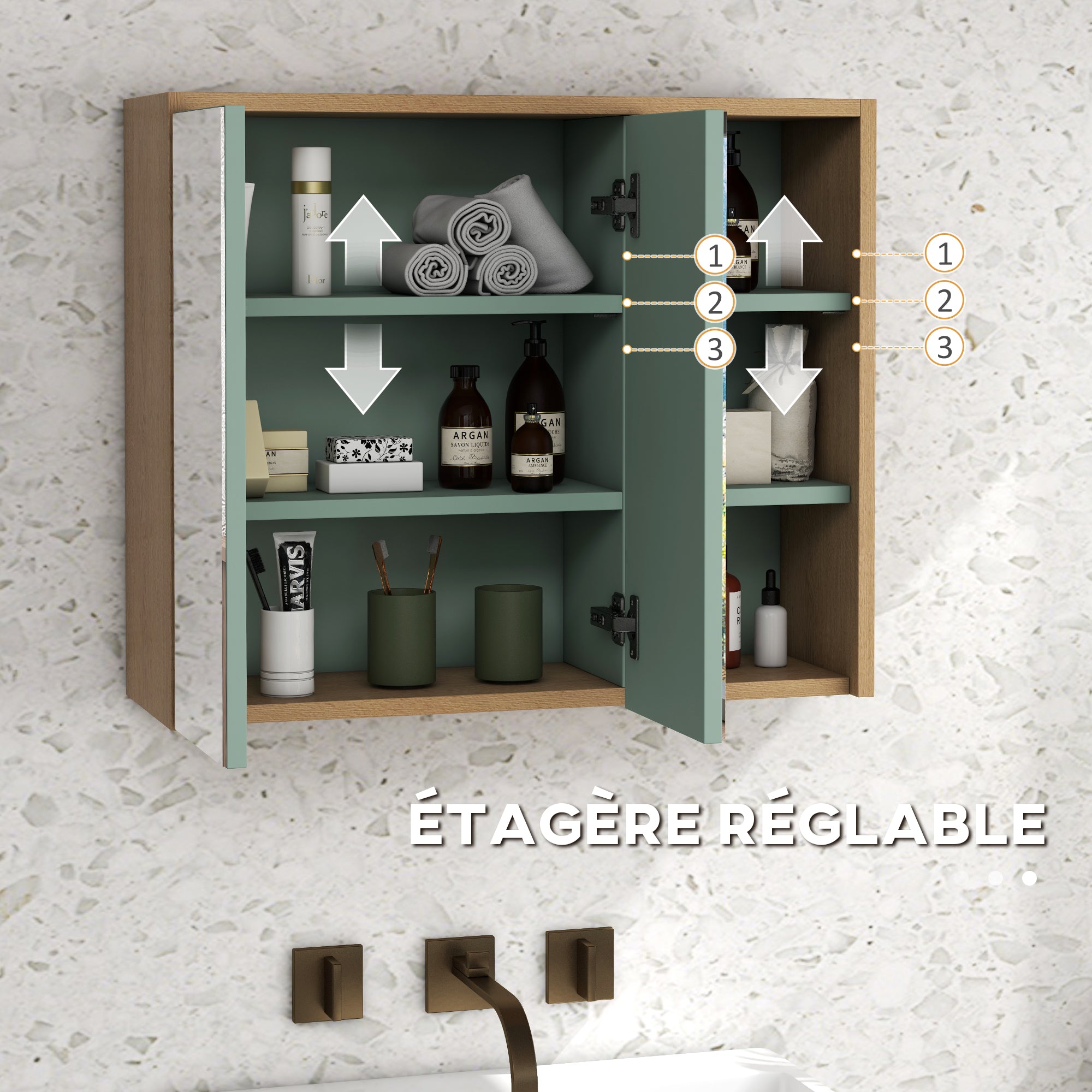 Ensemble de meubles de salle de bain armoire miroir salle de bain + meuble sous lavabo suspendu avec étagères réglables 2 tiroirs design scandinave vert