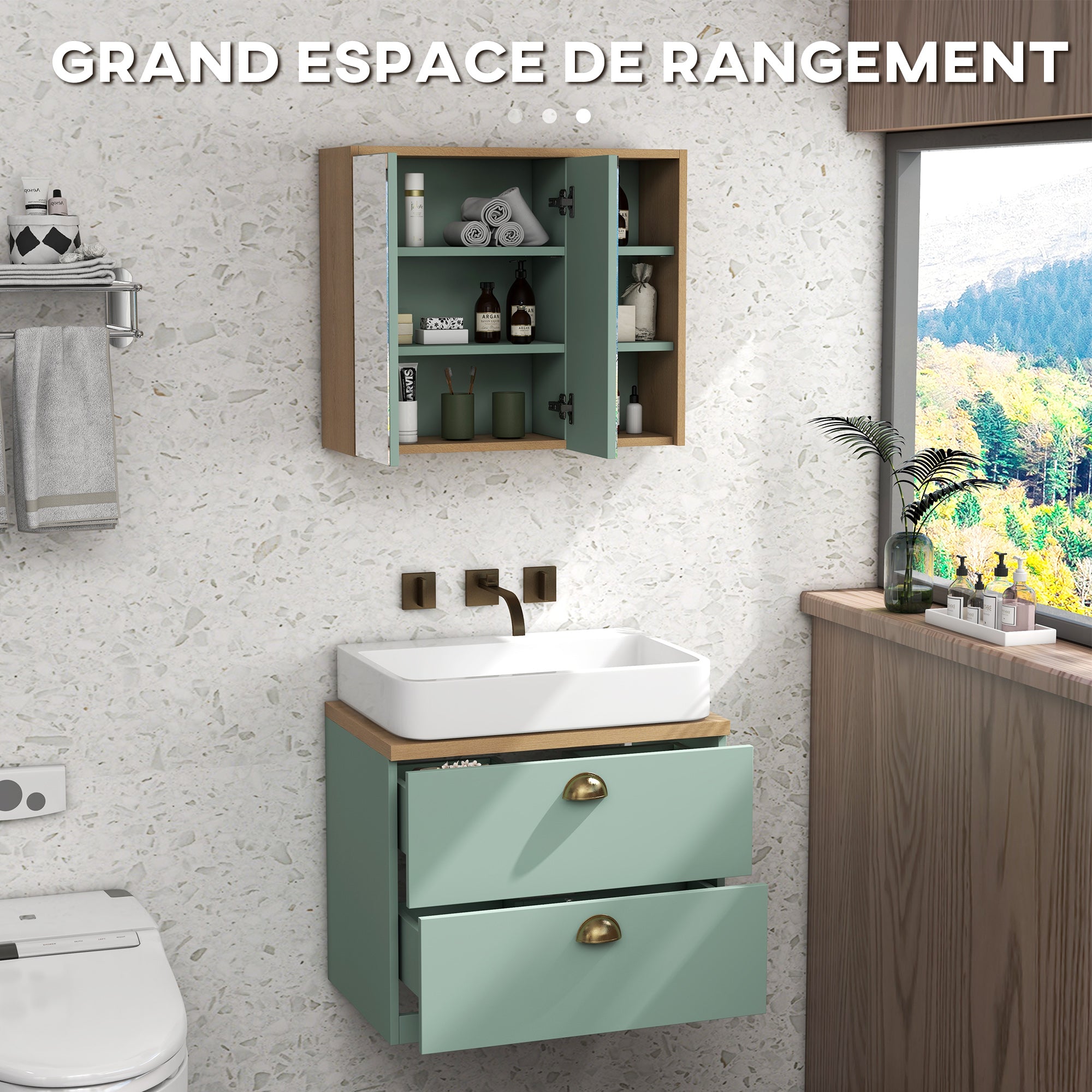 Ensemble de meubles de salle de bain armoire miroir salle de bain + meuble sous lavabo suspendu avec étagères réglables 2 tiroirs design scandinave vert