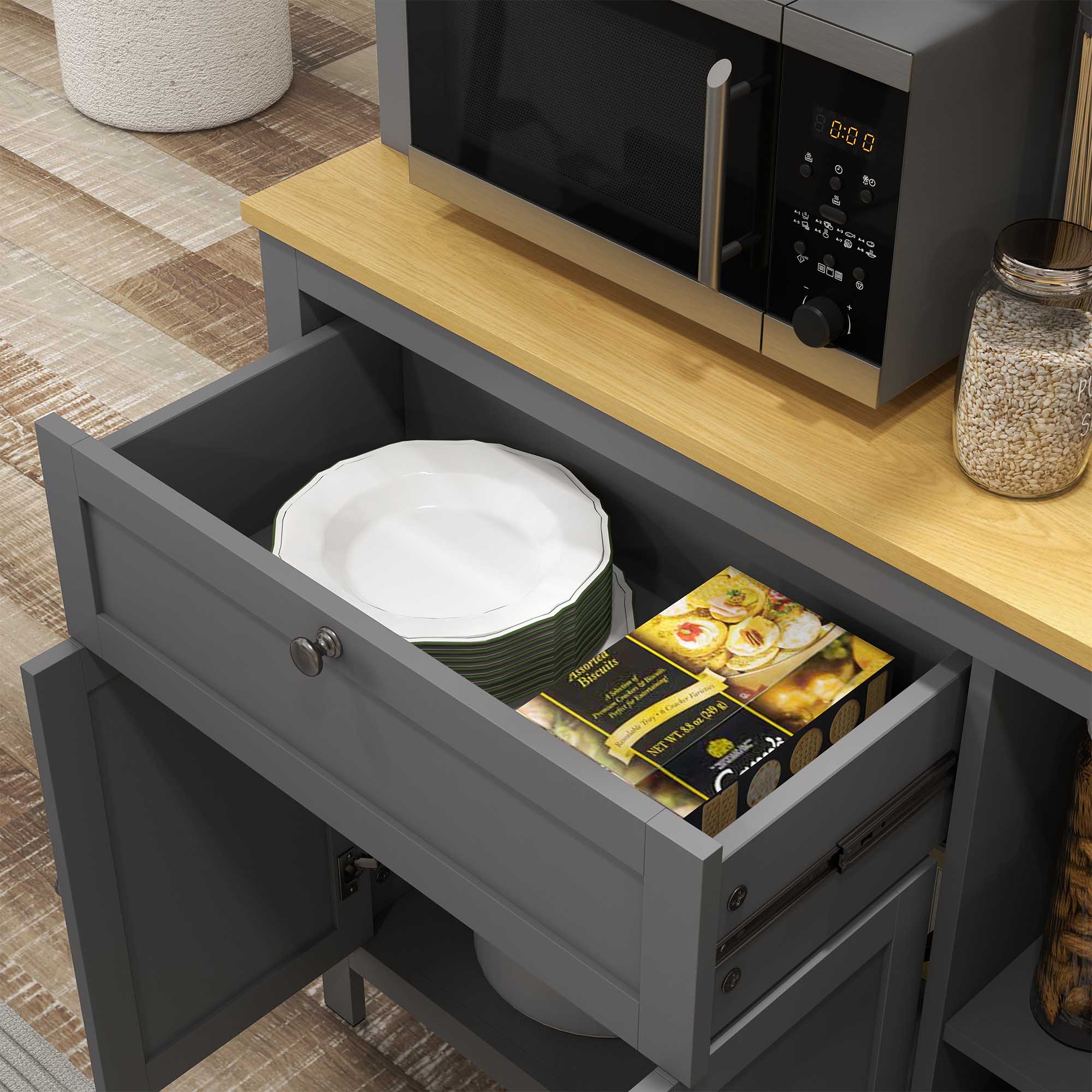 Armoire de cuisine, buffet cuisine avec plan de travail, vaisselier large avec 3 placards, tiroir, niches, passe-câble, étagères réglables et portes vitrées, style moderne, 100x40x180 cm, gris