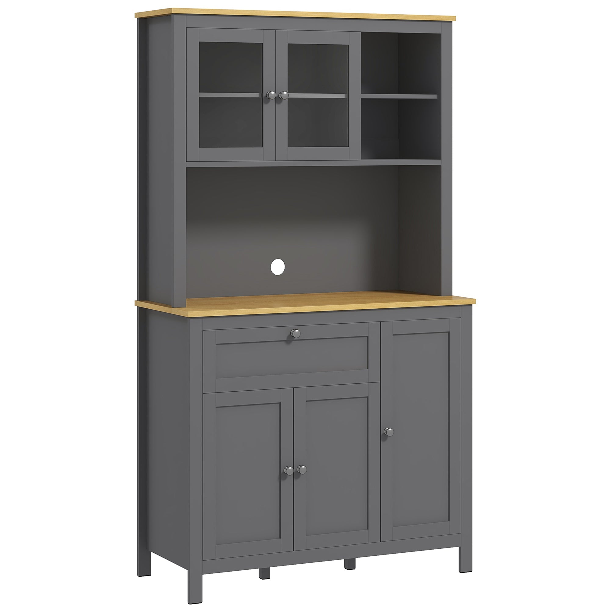 Armoire de cuisine, buffet cuisine avec plan de travail, vaisselier large avec 3 placards, tiroir, niches, passe-câble, étagères réglables et portes vitrées, style moderne, 100x40x180 cm, gris