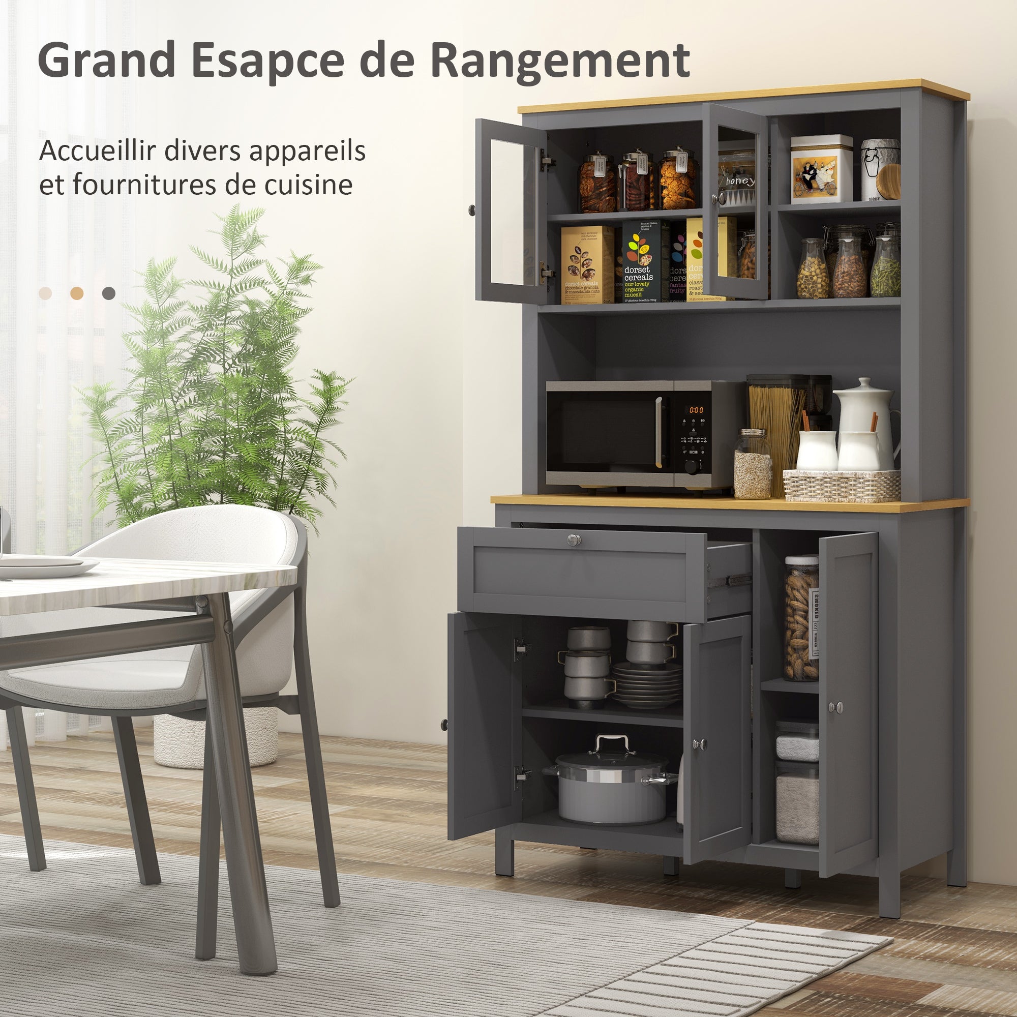 Armoire de cuisine, buffet cuisine avec plan de travail, vaisselier large avec 3 placards, tiroir, niches, passe-câble, étagères réglables et portes vitrées, style moderne, 100x40x180 cm, gris