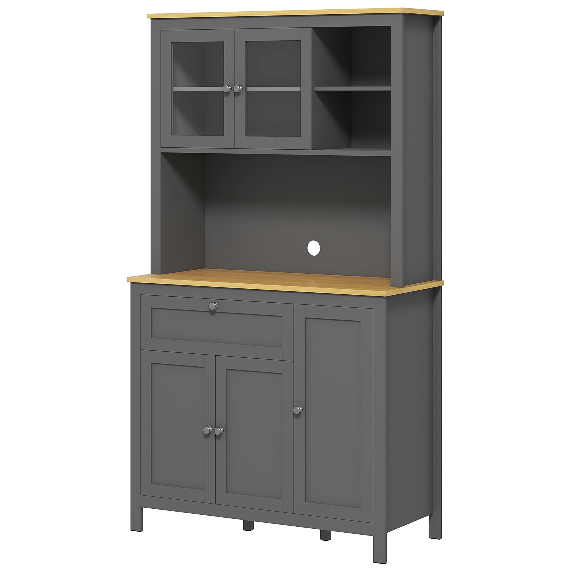Armoire de cuisine, buffet cuisine avec plan de travail, vaisselier large avec 3 placards, tiroir, niches, passe-câble, étagères réglables et portes vitrées, style moderne, 100x40x180 cm, gris