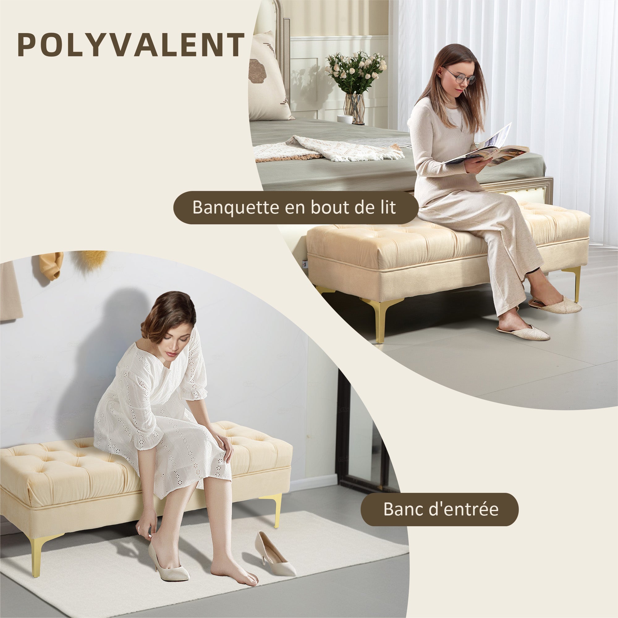Banc banquette capitonnée bout de lit style classique chic dim. 118L x 45l x 42H cm piètement métal doré velours beige