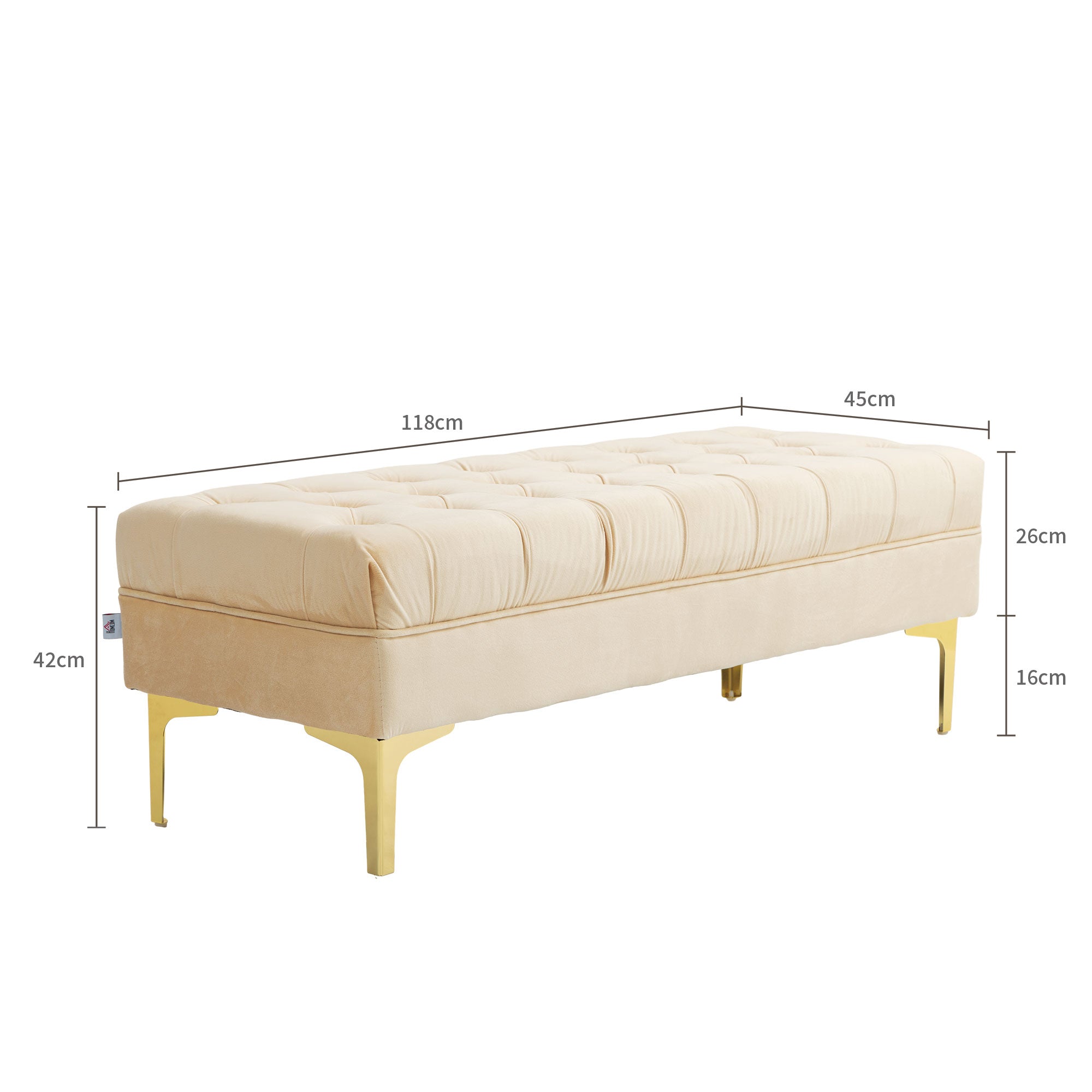 Banc banquette capitonnée bout de lit style classique chic dim. 118L x 45l x 42H cm piètement métal doré velours beige