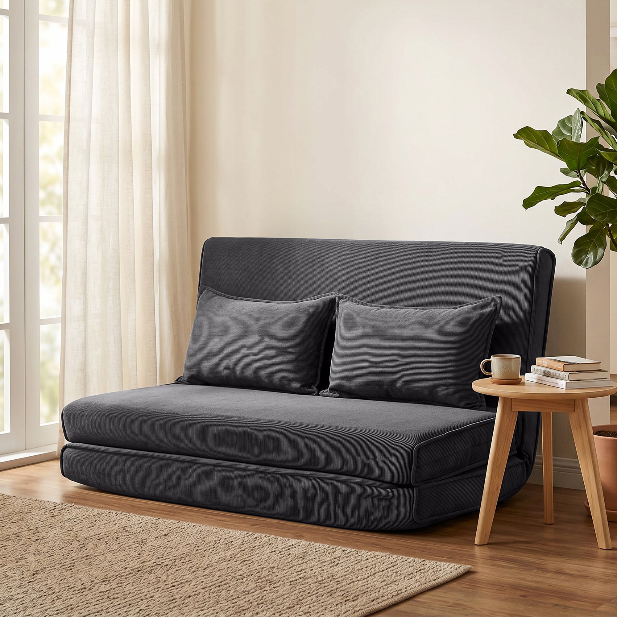 Canapé-Lit Pliant, Chauffeuse 2 Places Convertible Velours Côtelé, Matelas Pliable, Dossier Réglable, Assise Large, Coussin Épais et 2 Oreillers, pour Salon, Chambre et Bureau, Gris Foncé