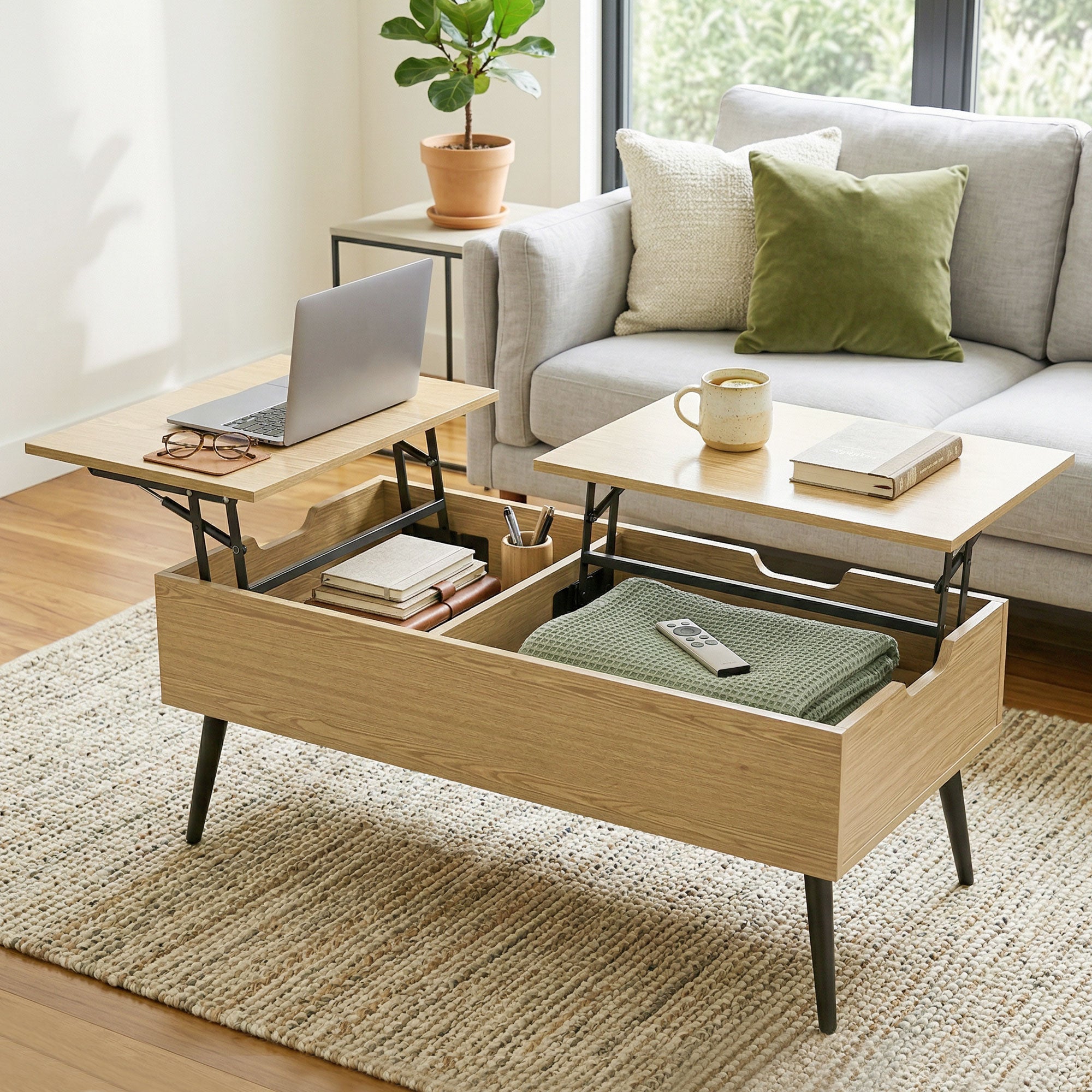 Table basse relevable avec double plateau, table de salon avec compartiment caché et pieds en métal, style moderne, pour salon, bureau, 100 x 50 x 58 cm, bois naturel