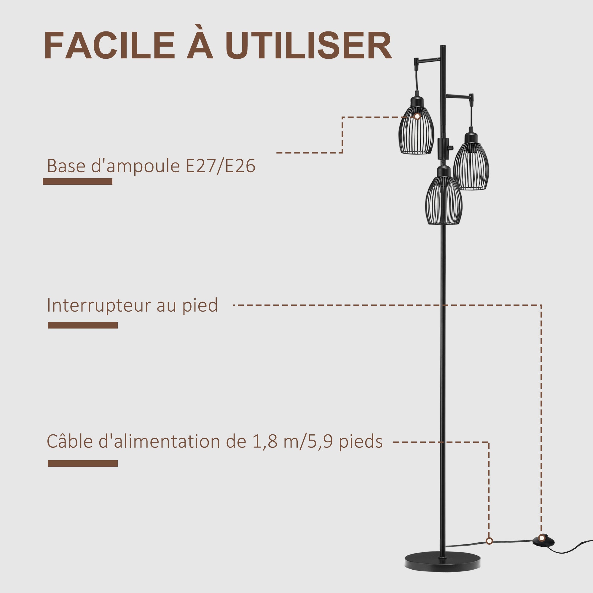 Lampadaire style industriel 40 W max. 3 abat-jours en métal filaire luminosité réglable - ampoule E27 - noir