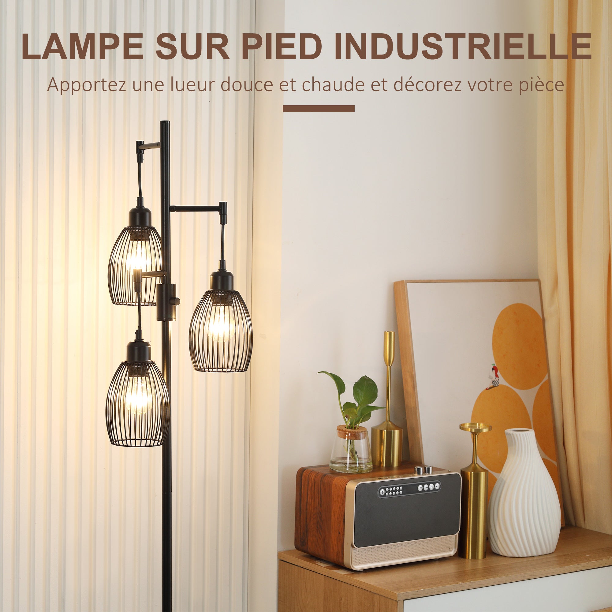 Lampadaire style industriel 40 W max. 3 abat-jours en métal filaire luminosité réglable - ampoule E27 - noir