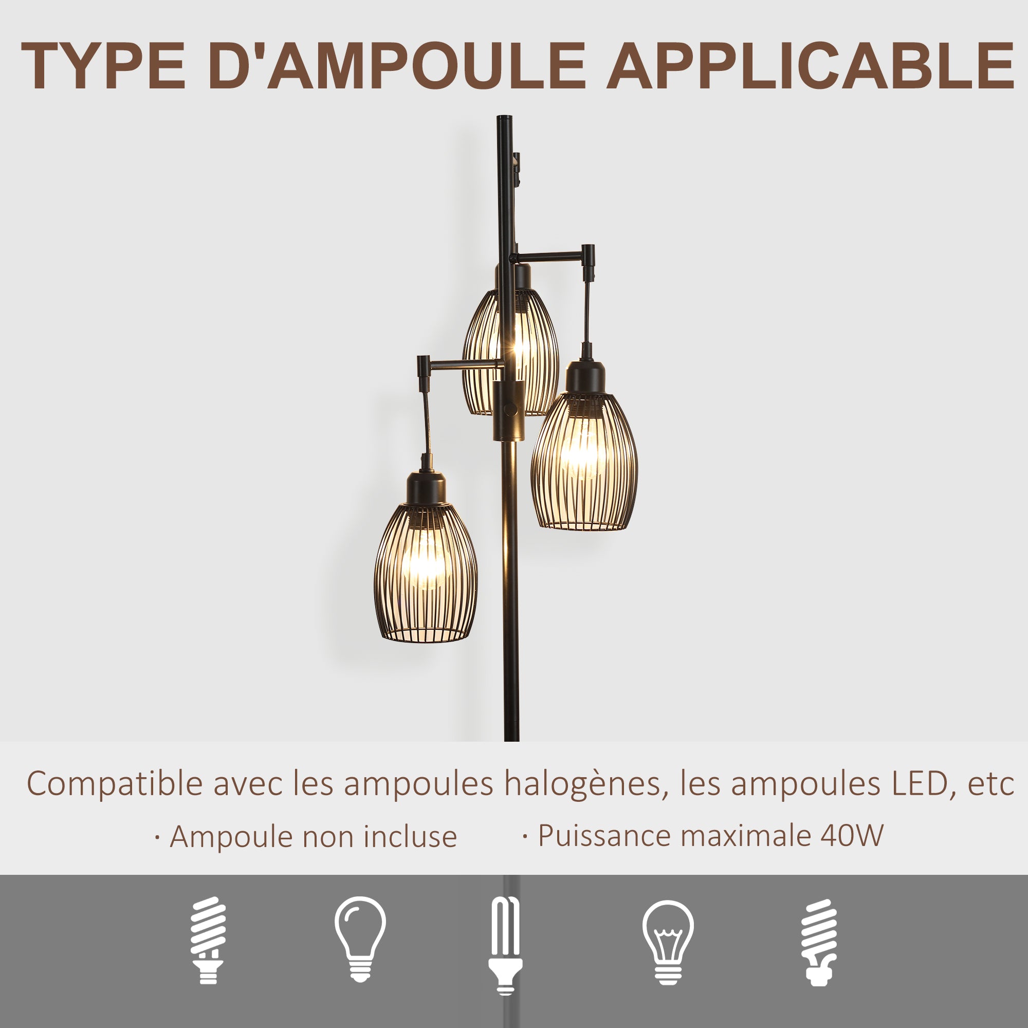 Lampadaire style industriel 40 W max. 3 abat-jours en métal filaire luminosité réglable - ampoule E27 - noir