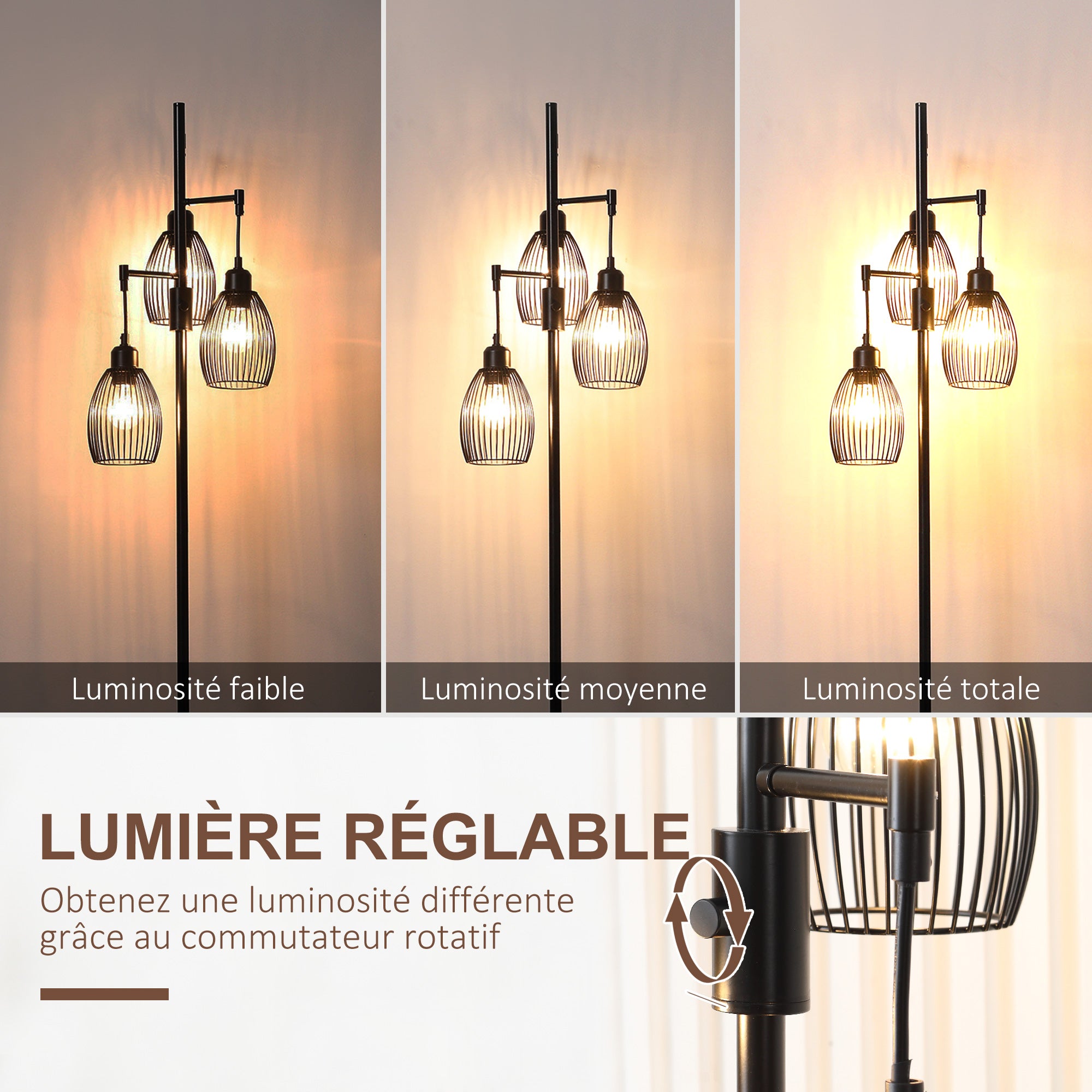 Lampadaire style industriel 40 W max. 3 abat-jours en métal filaire luminosité réglable - ampoule E27 - noir
