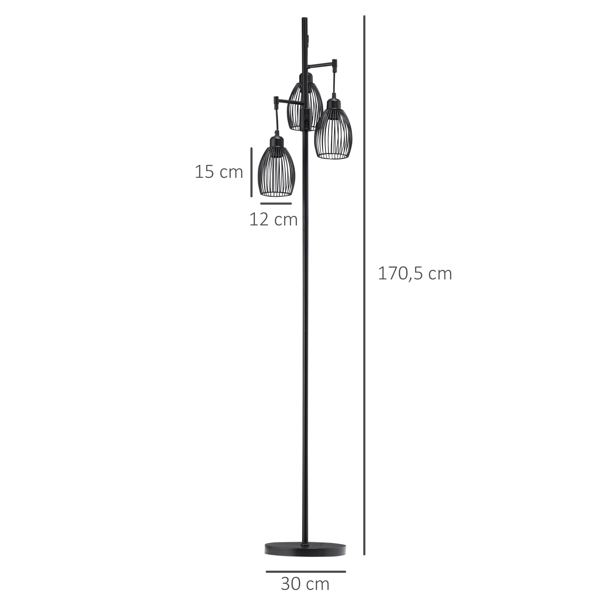 Lampadaire style industriel 40 W max. 3 abat-jours en métal filaire luminosité réglable - ampoule E27 - noir