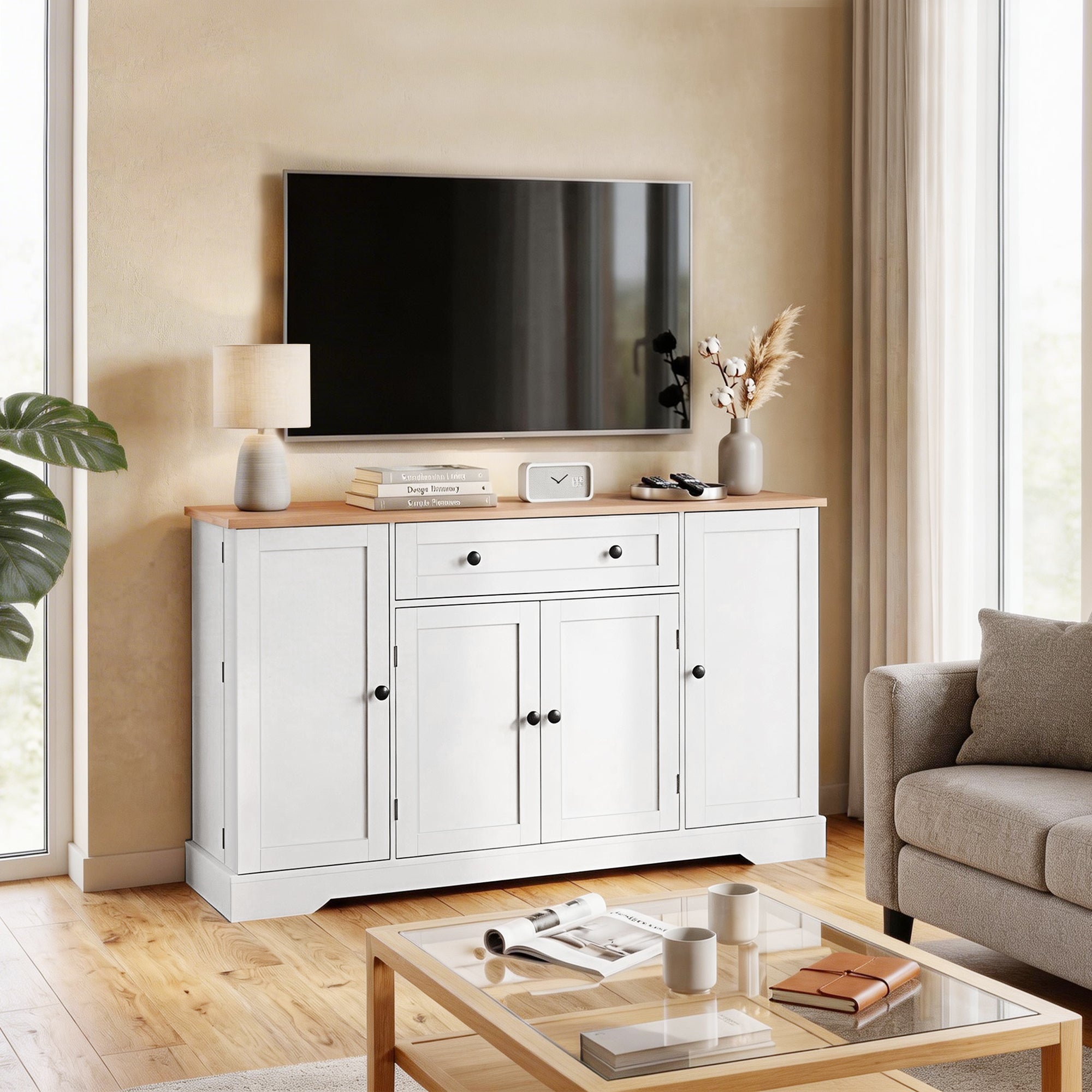 Buffet Cuisine, Meuble de Rangement avec Tiroir, 4 Portes, Étagères Réglables et 6 Racks de Porte, Style Moderne, Buffet Salle à Manger, Salon et Chambre, 138 x 40 x 83,5 cm, Blanc