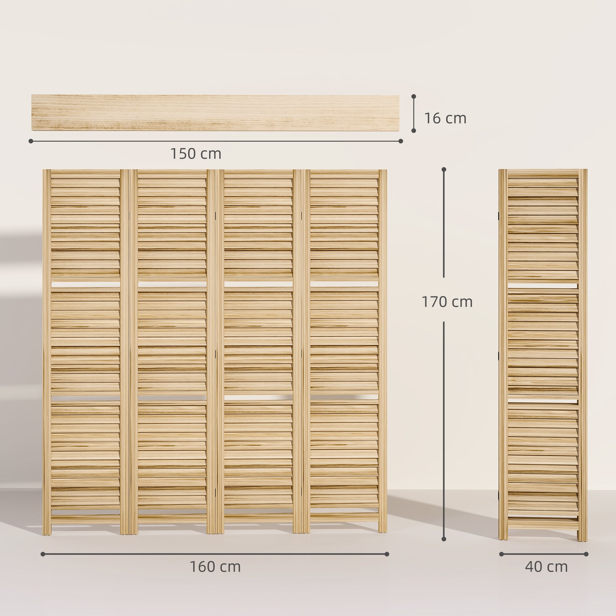 Paravent intérieur en bois 4 panneaux 160 x 170 cm, séparateur de pièce pliable avec 3 étagères, cloison de séparation pour salon, chambre à coucher, maison, bois naturel