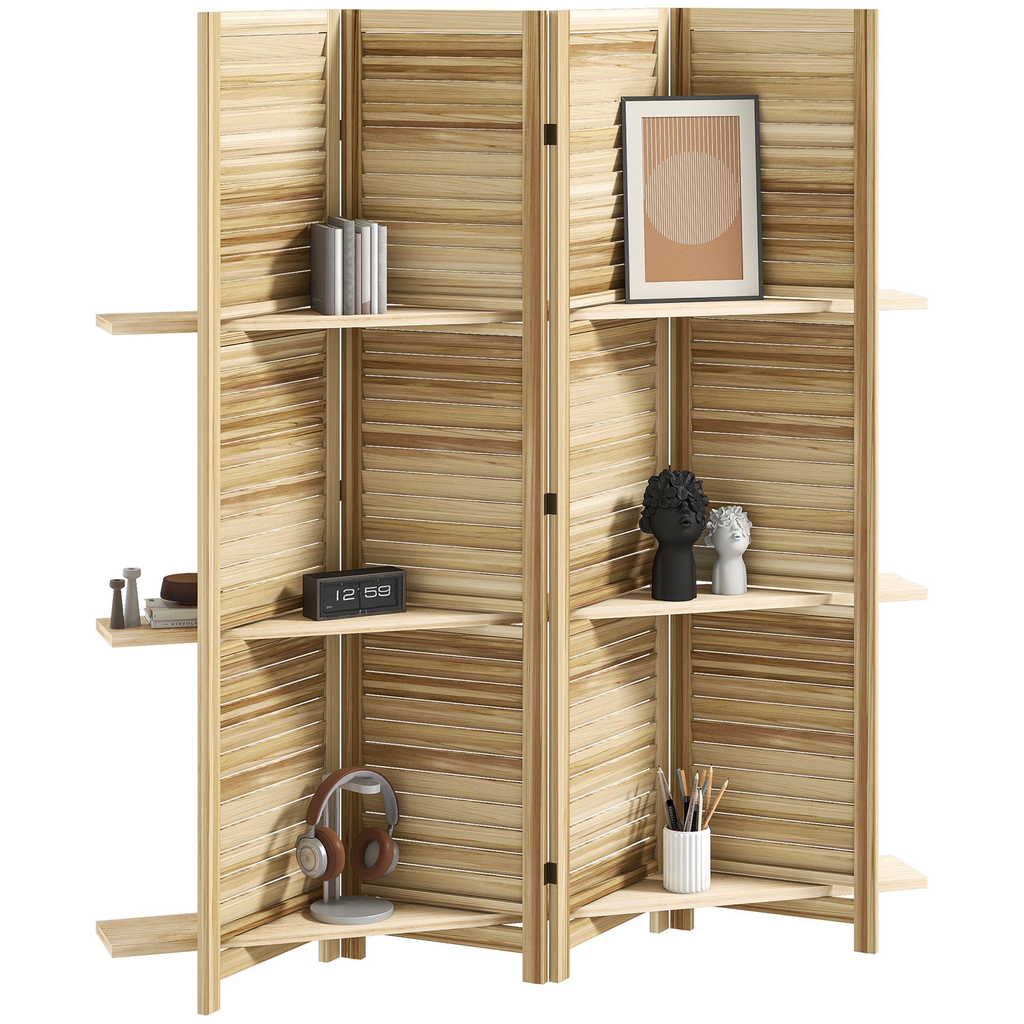 Paravent intérieur en bois 4 panneaux 160 x 170 cm, séparateur de pièce pliable avec 3 étagères, cloison de séparation pour salon, chambre à coucher, maison, bois naturel