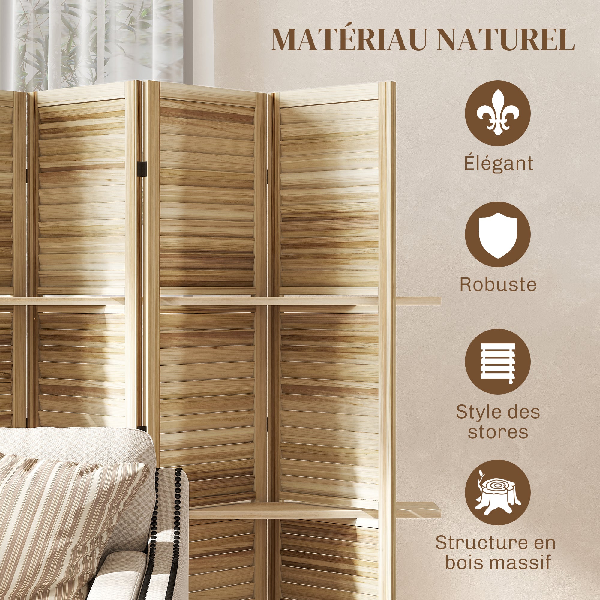 Paravent intérieur en bois 4 panneaux 160 x 170 cm, séparateur de pièce pliable avec 3 étagères, cloison de séparation pour salon, chambre à coucher, maison, bois naturel