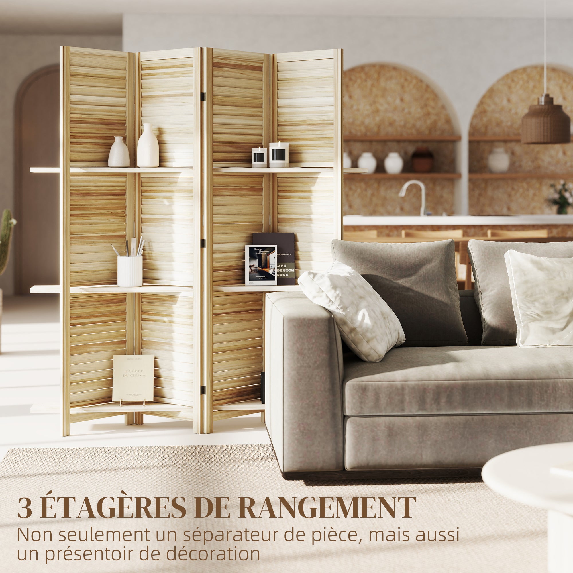 Paravent intérieur en bois 4 panneaux 160 x 170 cm, séparateur de pièce pliable avec 3 étagères, cloison de séparation pour salon, chambre à coucher, maison, bois naturel