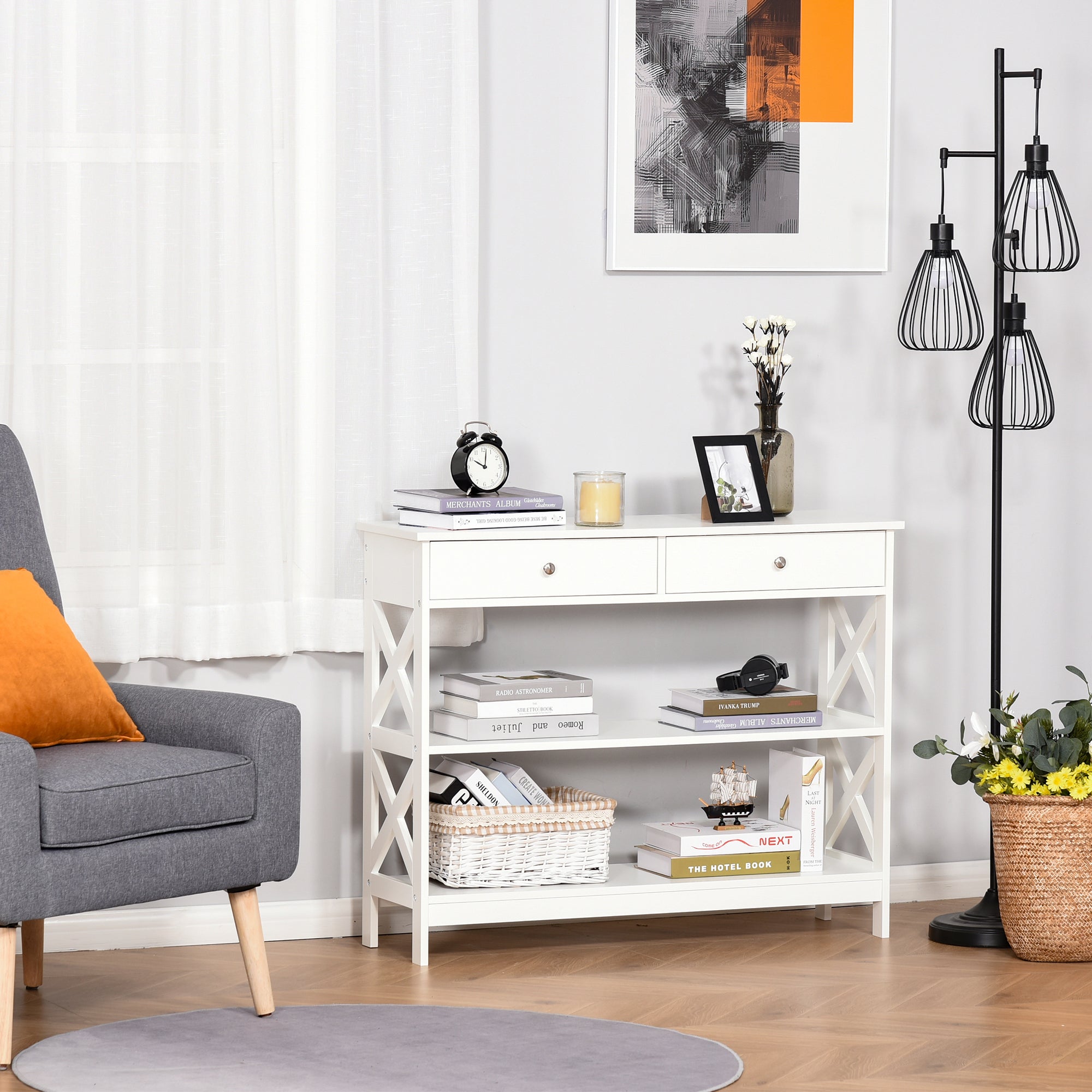 Table de console table d'entrée style table de drapier néo-rétro 2 tiroirs 2 étagères dim. 100L x 30.5l x 80H cm en bois Blanc