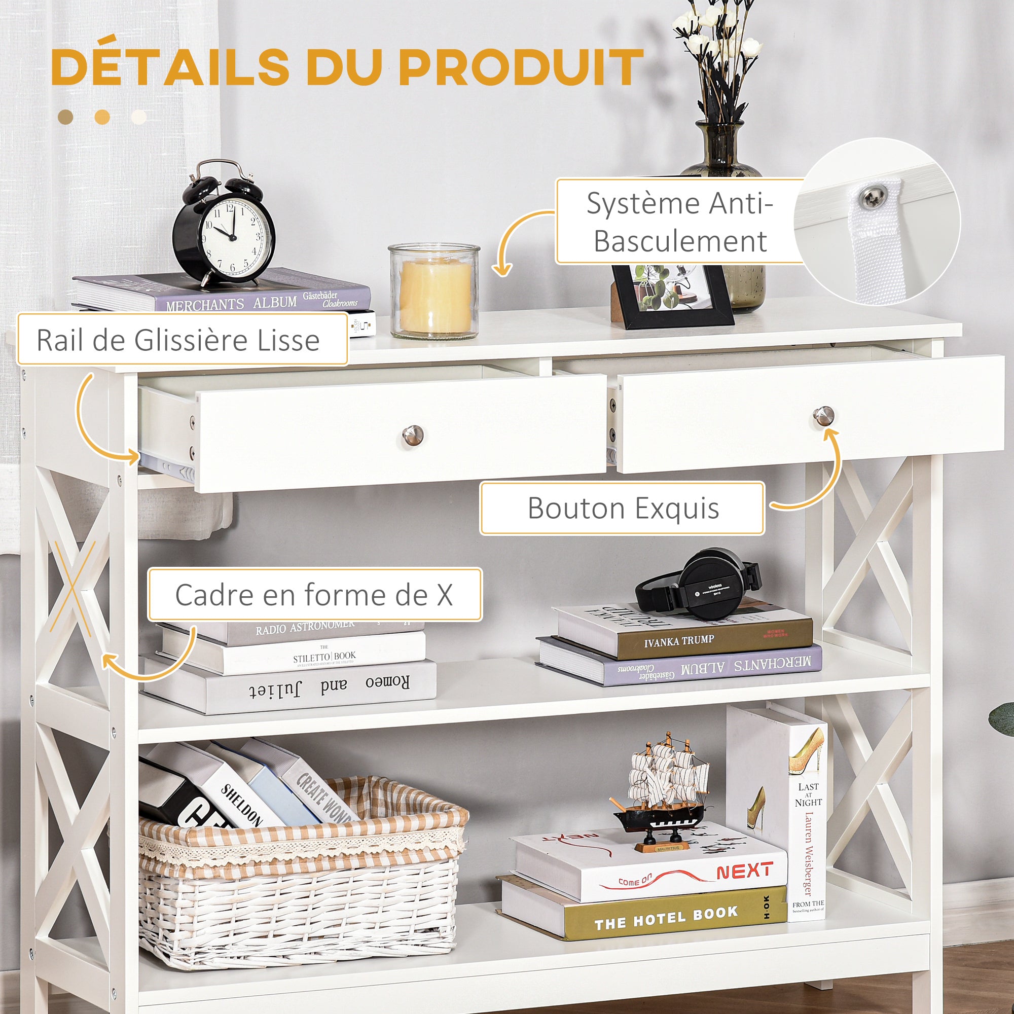 Table de console table d'entrée style table de drapier néo-rétro 2 tiroirs 2 étagères dim. 100L x 30.5l x 80H cm en bois Blanc