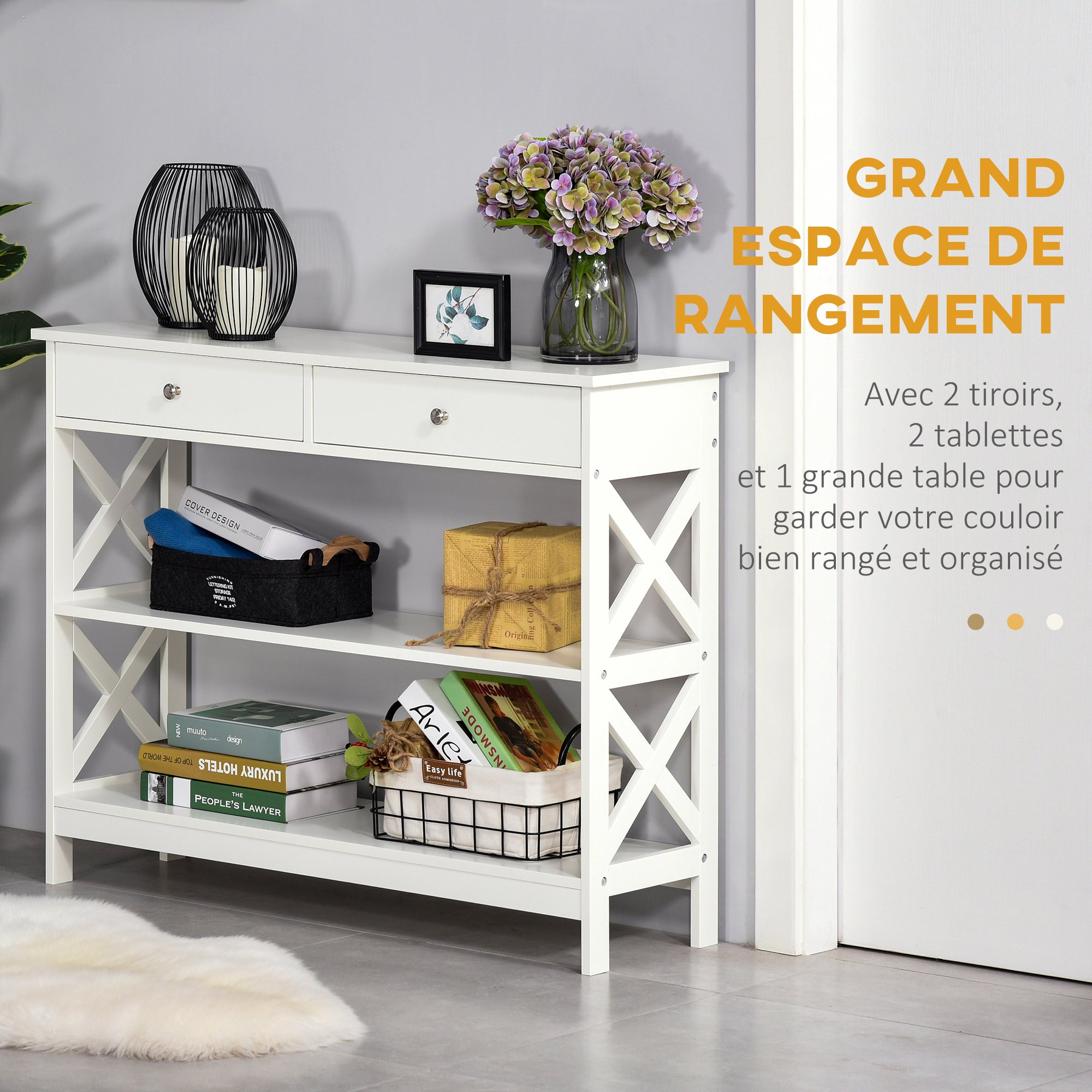 Table de console table d'entrée style table de drapier néo-rétro 2 tiroirs 2 étagères dim. 100L x 30.5l x 80H cm en bois Blanc