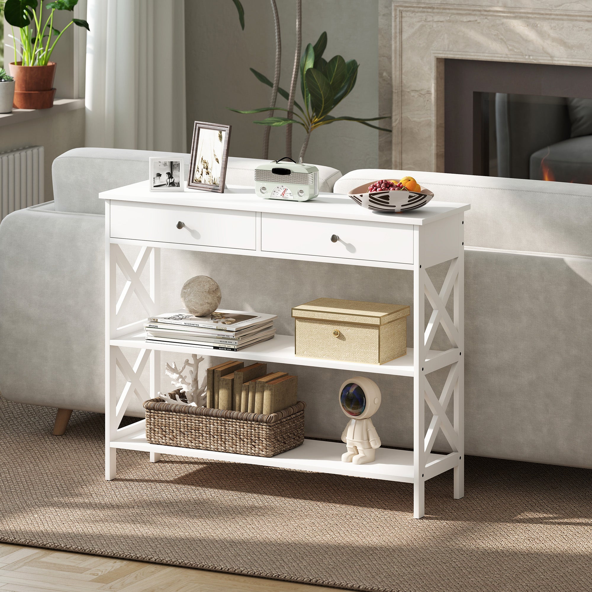 Table de console table d'entrée style table de drapier néo-rétro 2 tiroirs 2 étagères dim. 100L x 30.5l x 80H cm en bois Blanc