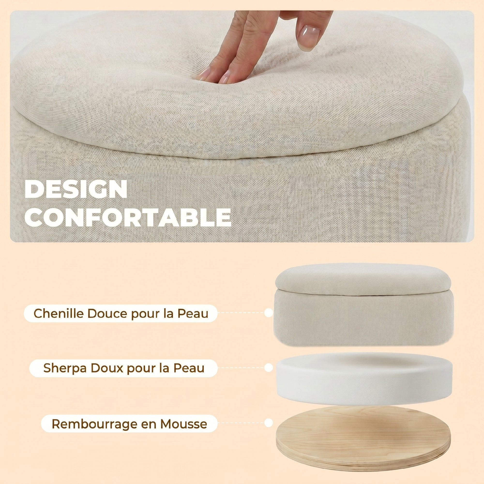 Pouf coffre rangement, tabouret rond avec couvercle, pouf repose-pieds en chenille, pour la chambre à coucher, entrée, salon, charge 120 Kg, Ø 36,5 x 46,5 cm, beige