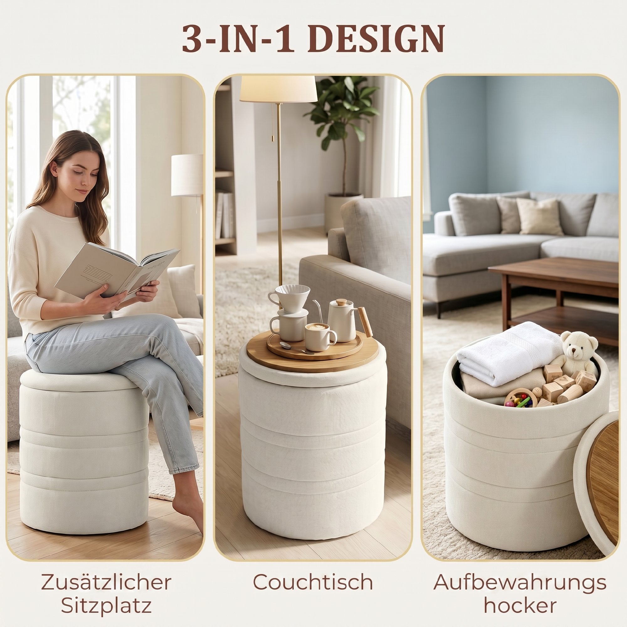 Pouf coffre rangement, tabouret rond avec couvercle, pouf repose-pieds en chenille, pour la chambre à coucher, entrée, salon, charge 120 Kg, Ø 36,5 x 46,5 cm, beige