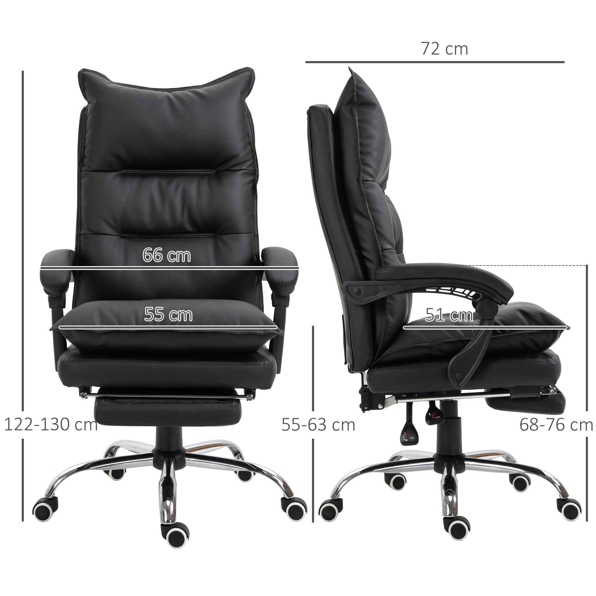 Fauteuil de bureau, chaise bureau ergonomique en similicuir avec large assise rembourrée, dossier inclinable, hauteur réglable, accoudoirs et repose-pied intégrés, charge 135 Kg, noir
