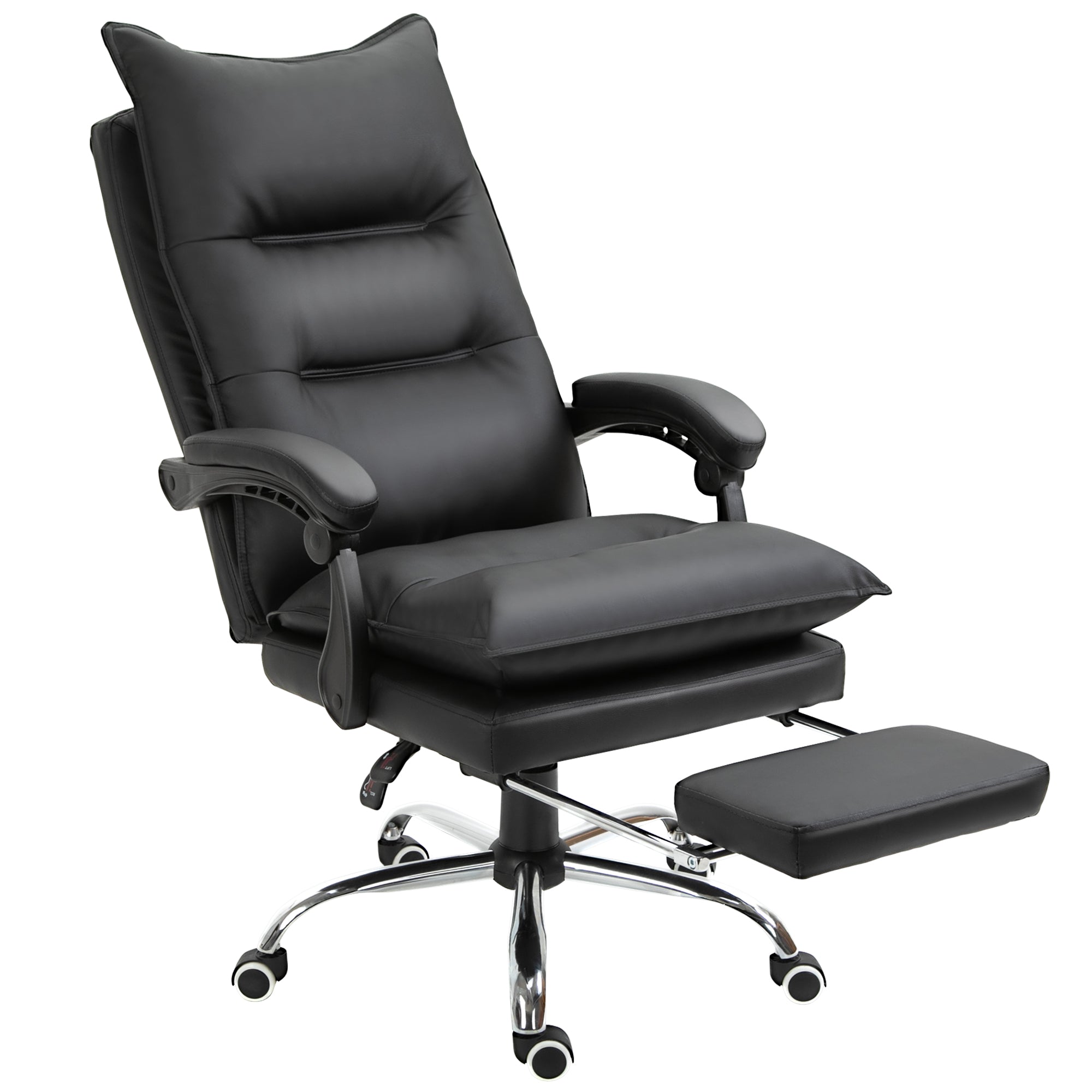 Fauteuil de bureau, chaise bureau ergonomique en similicuir avec large assise rembourrée, dossier inclinable, hauteur réglable, accoudoirs et repose-pied intégrés, charge 135 Kg, noir