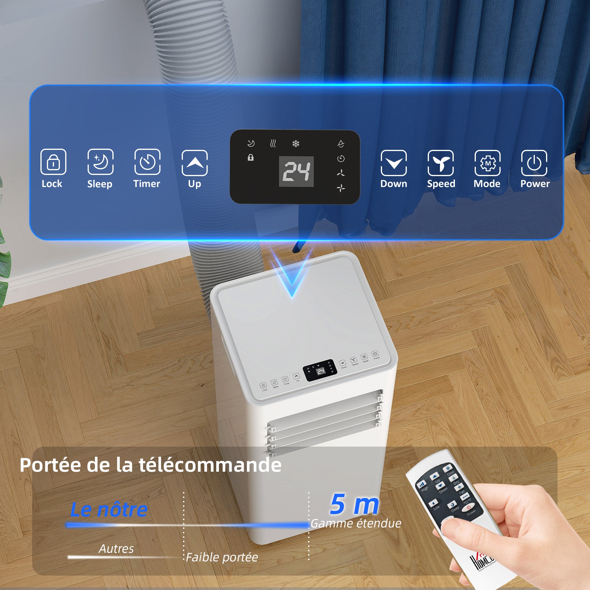 Climatiseur mobile 9000 BTU/H 2,6KW climatiseur portable 3 en 1 refroidissement, ventilateur, déshumidificateur, mode veille, minuterie 24H, 2 vitesses et télécommande, kit d'évacution, blanc