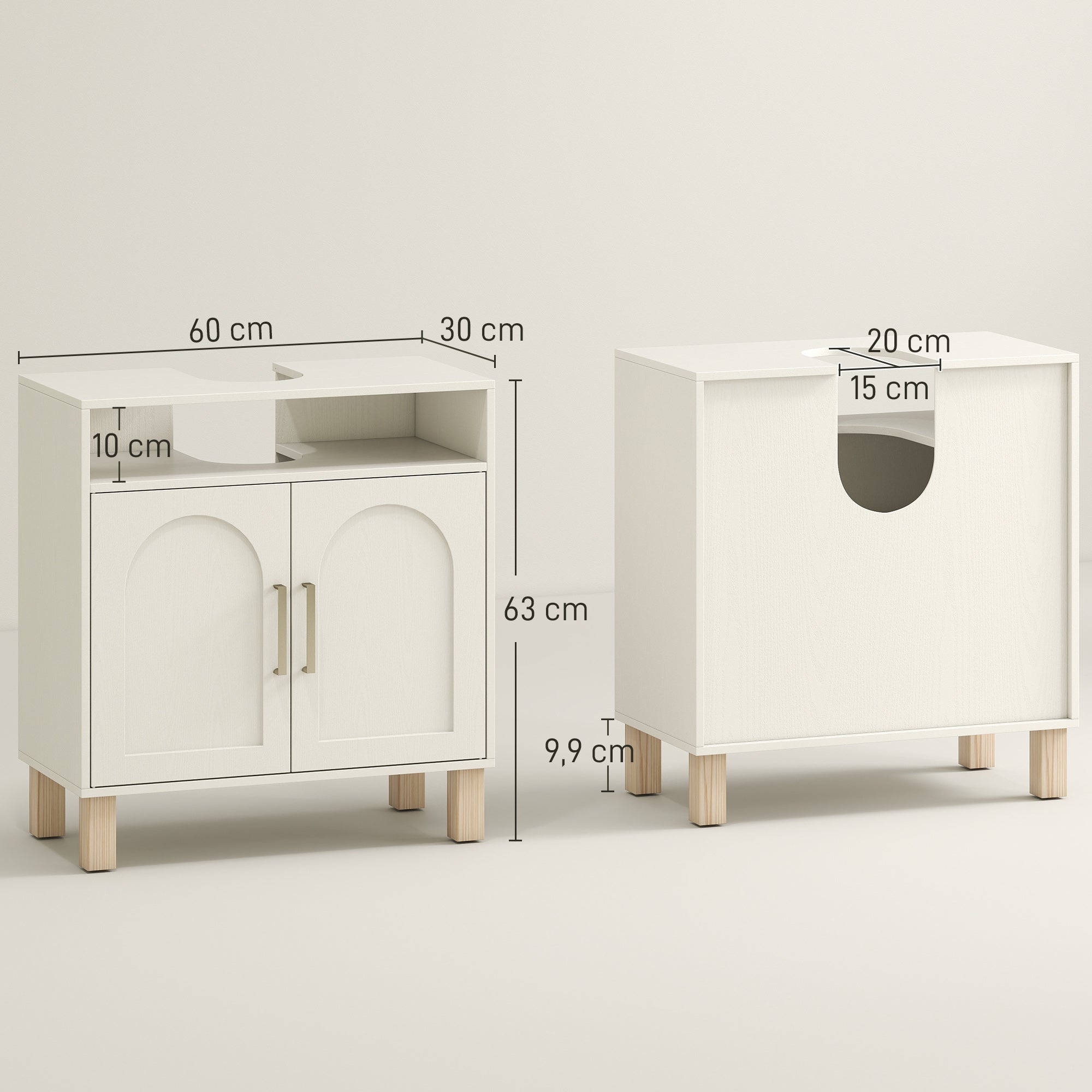 Meuble salle de bain sous lavabo, meuble sous lavabo, étagère ouverte placard 2 portes magnétiques avec étagère réglable, 60 x 30 x 63 cm, blanc