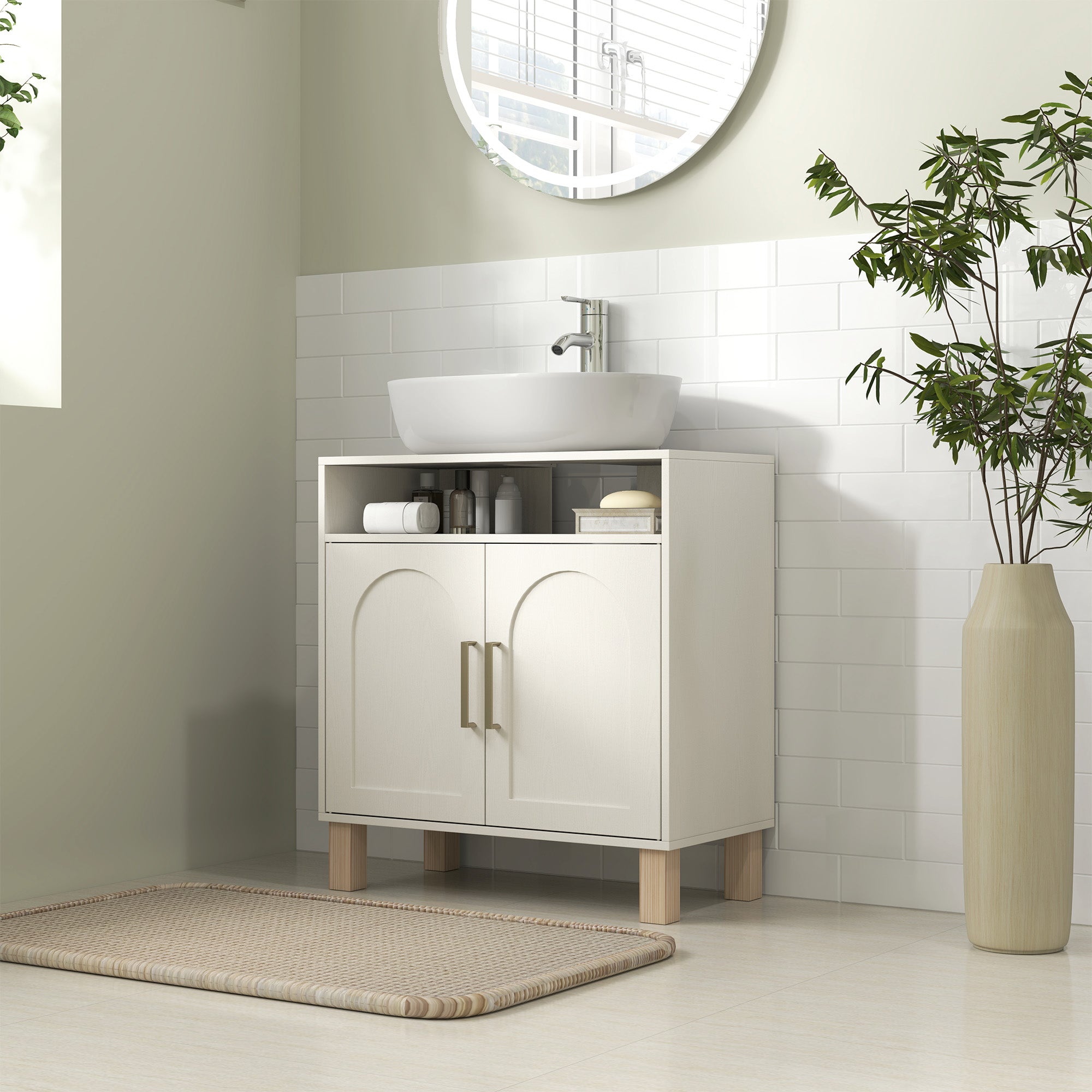 Meuble salle de bain sous lavabo, meuble sous lavabo, étagère ouverte placard 2 portes magnétiques avec étagère réglable, 60 x 30 x 63 cm, blanc