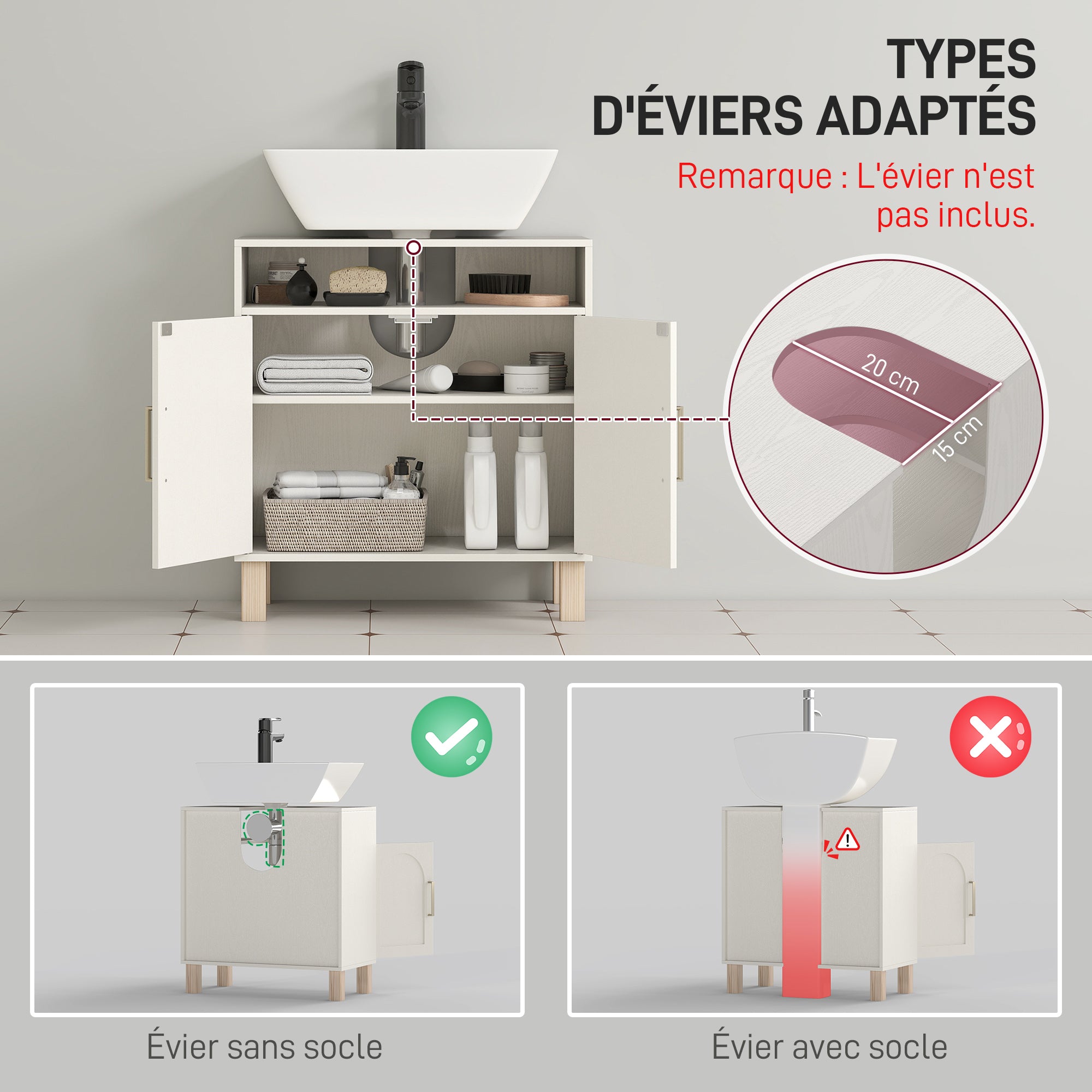 Meuble salle de bain sous lavabo, meuble sous lavabo, étagère ouverte placard 2 portes magnétiques avec étagère réglable, 60 x 30 x 63 cm, blanc