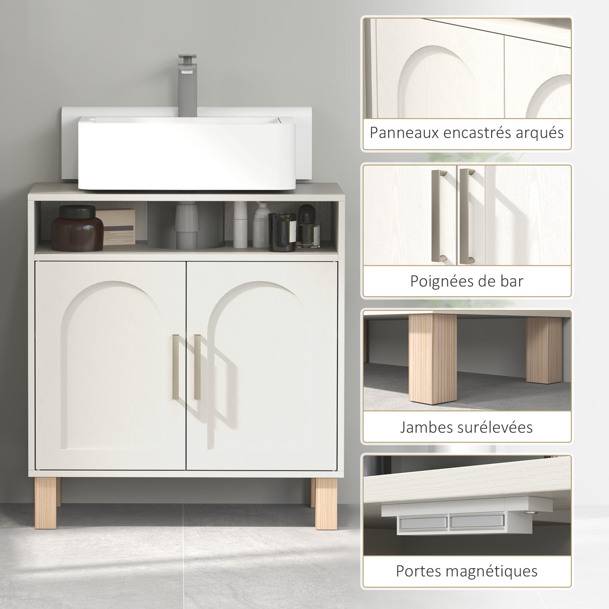 Meuble salle de bain sous lavabo, meuble sous lavabo, étagère ouverte placard 2 portes magnétiques avec étagère réglable, 60 x 30 x 63 cm, blanc