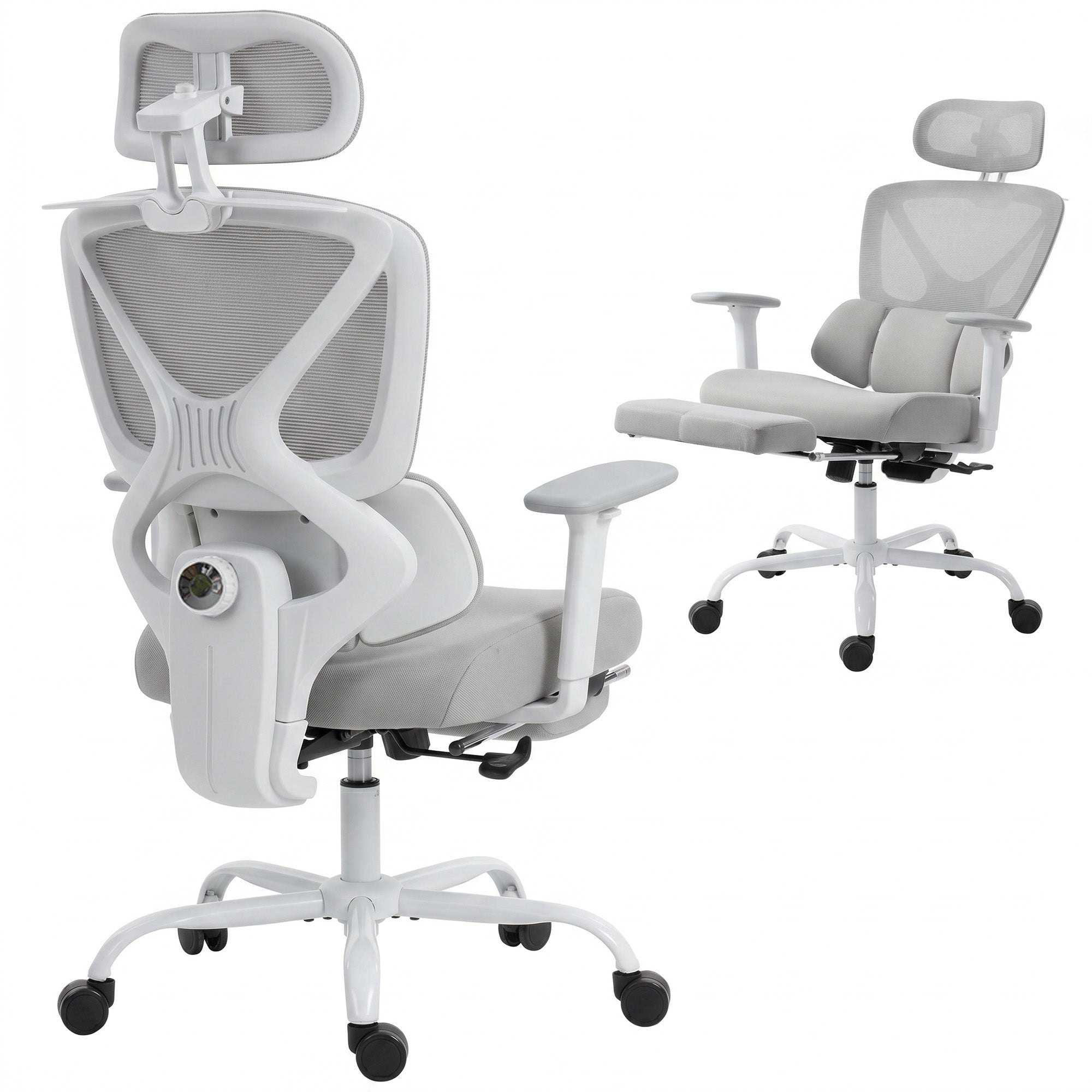 Chaise bureau ergonomique, fauteuil de bureau avec soutien lombaire dynamique adaptatif, accoudoirs 3D, dossier inclinable, hauteur et appui-tête réglables, repose-pieds, pivotant à 360°, gris